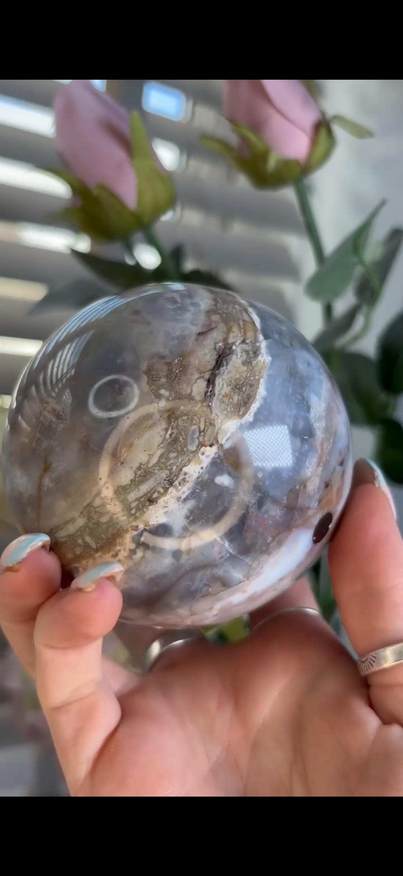 Pastel ocean jasper sphere in blue, pink & grey tones with some rough