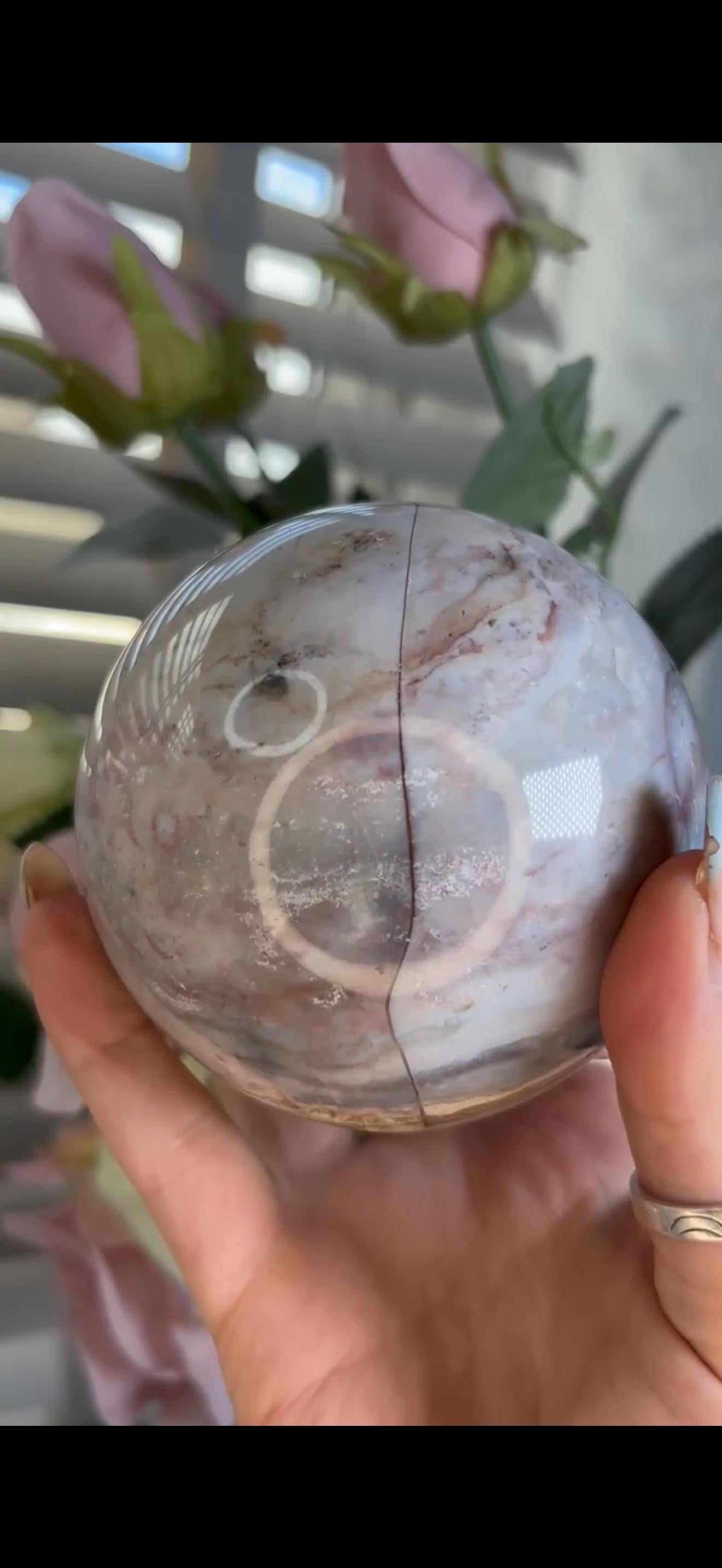 Pastel ocean jasper sphere in blue, pink & grey tones with some rough