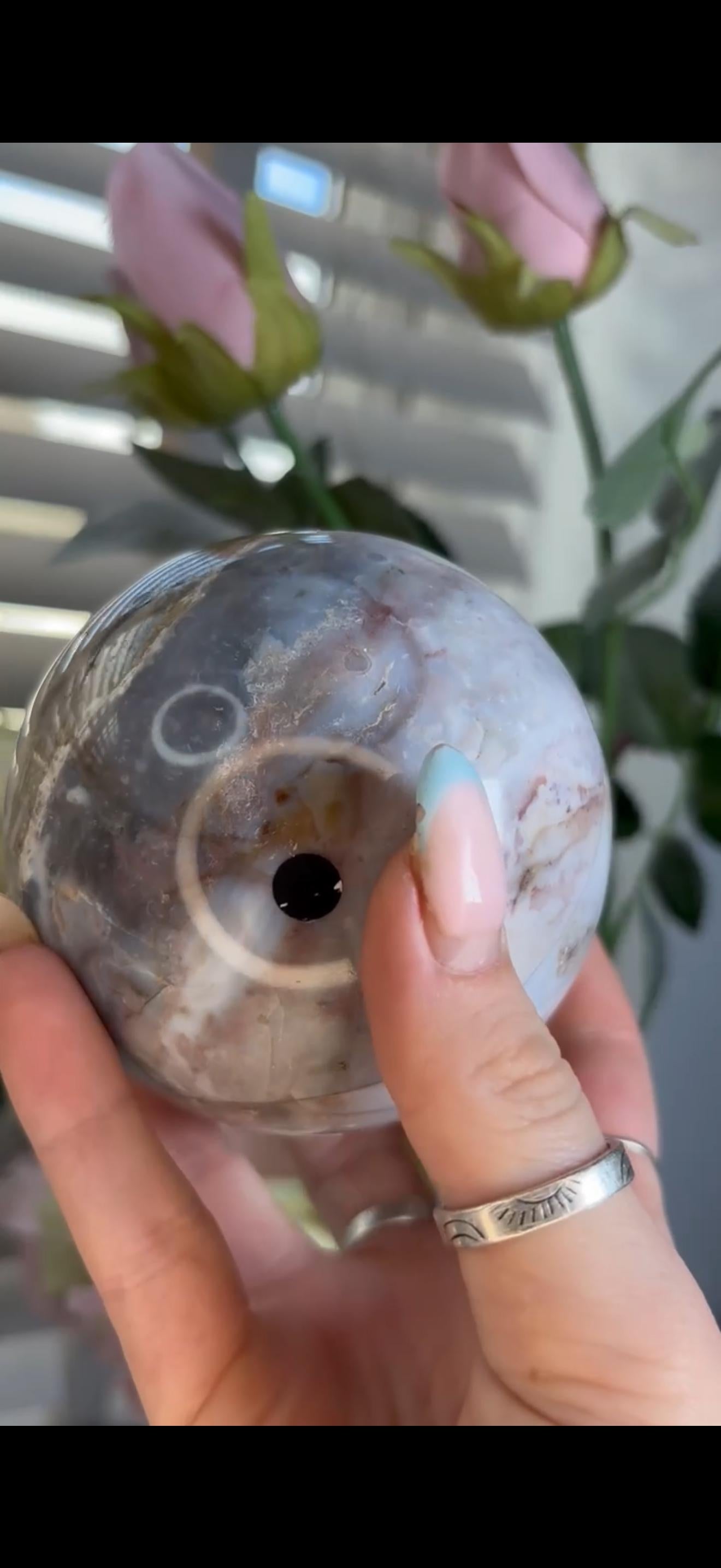 Pastel ocean jasper sphere in blue, pink & grey tones with some rough