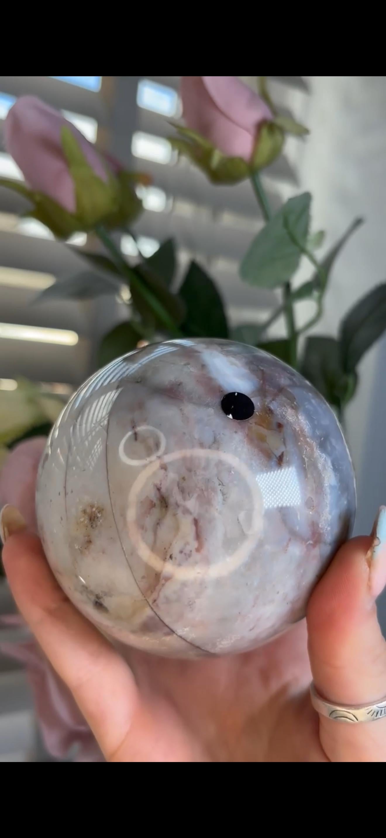 Pastel ocean jasper sphere in blue, pink & grey tones with some rough