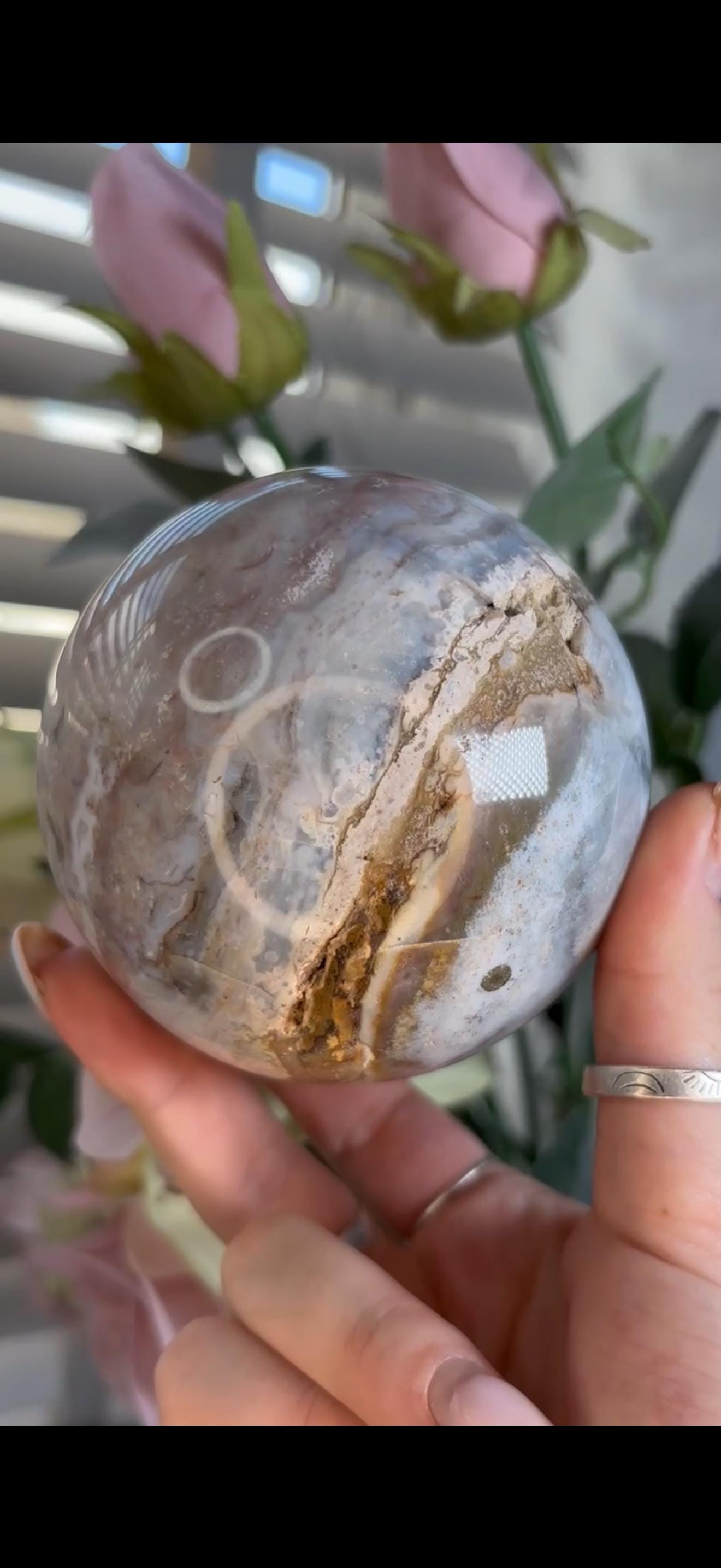Pastel ocean jasper sphere in blue, pink & grey tones with some rough