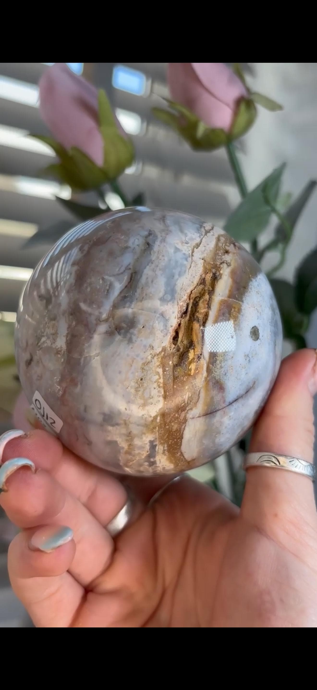 Pastel ocean jasper sphere in blue, pink & grey tones with some rough