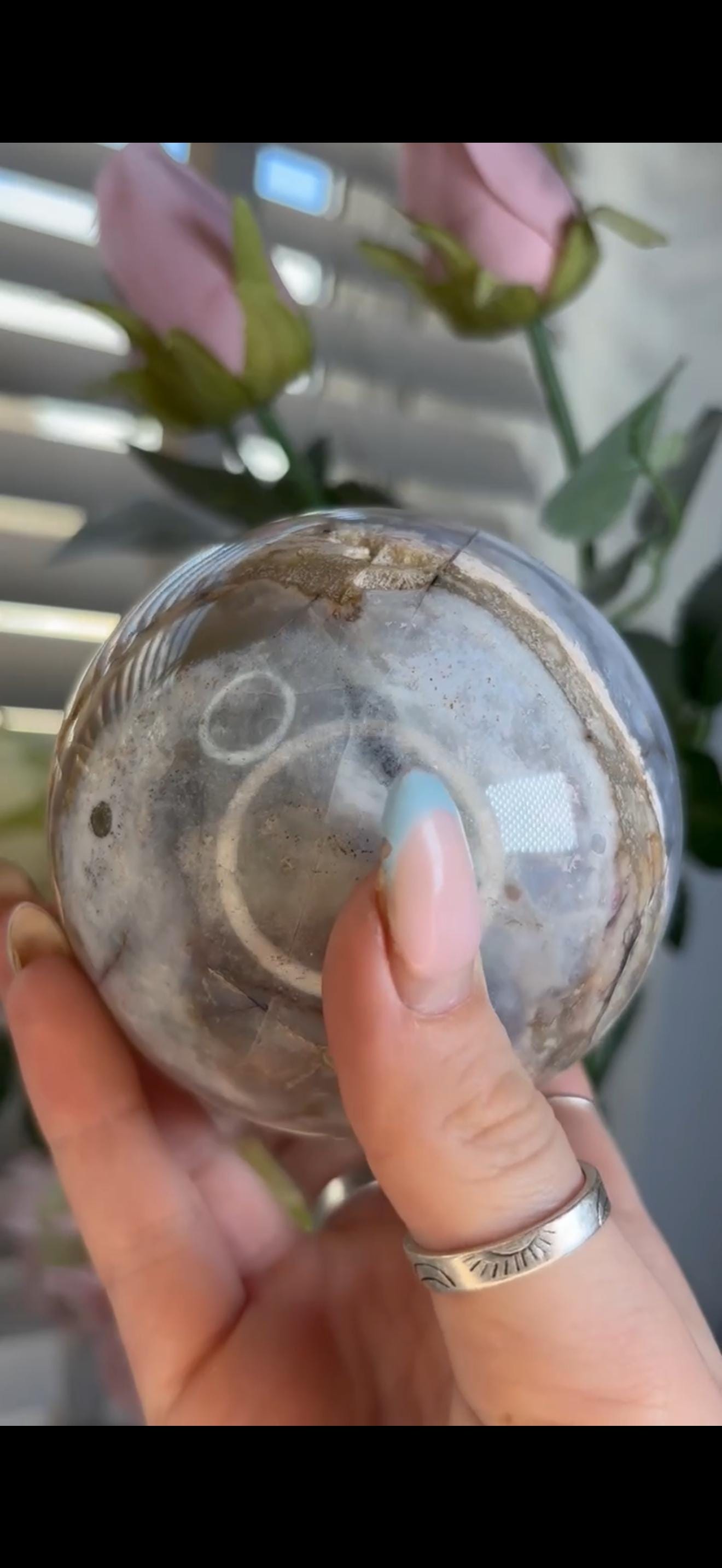 Pastel ocean jasper sphere in blue, pink & grey tones with some rough
