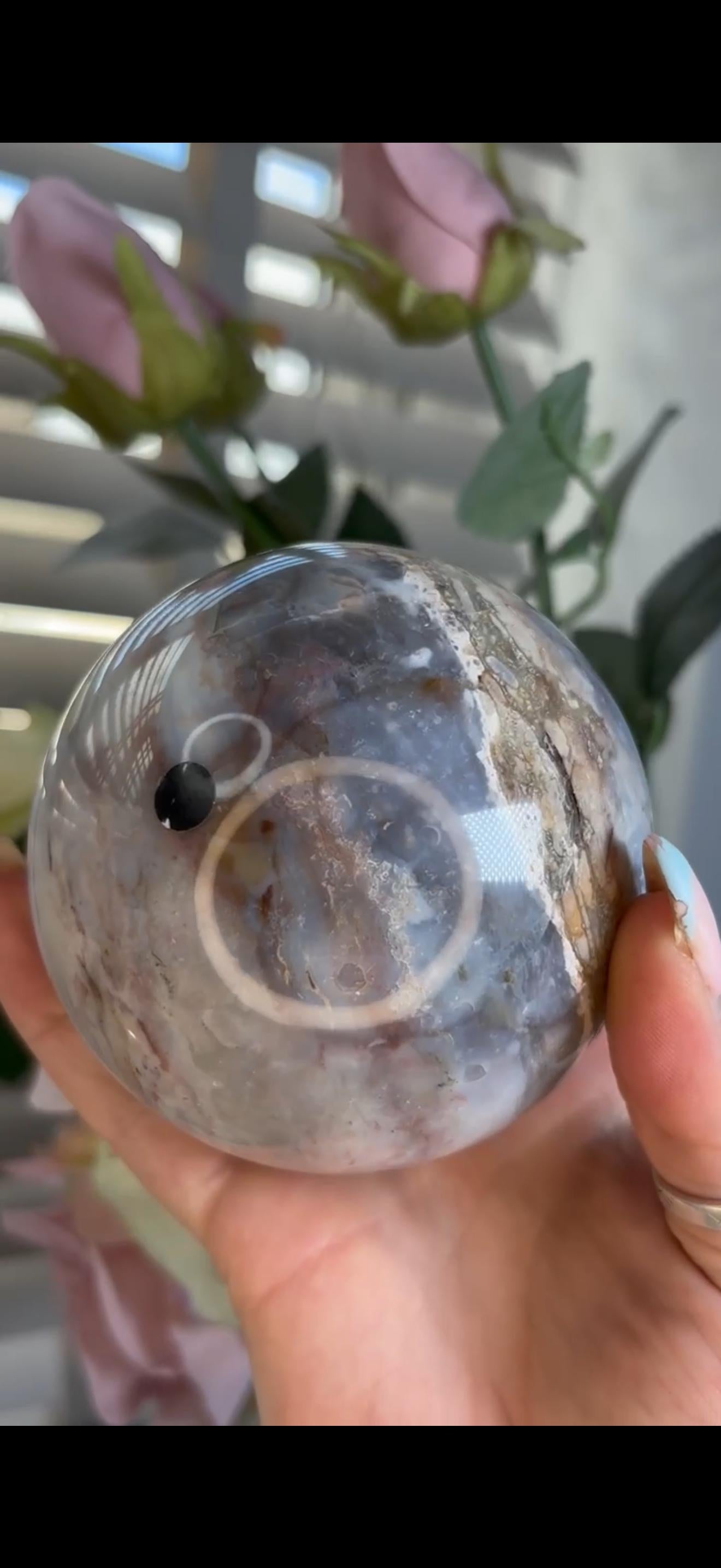 Pastel ocean jasper sphere in blue, pink & grey tones with some rough