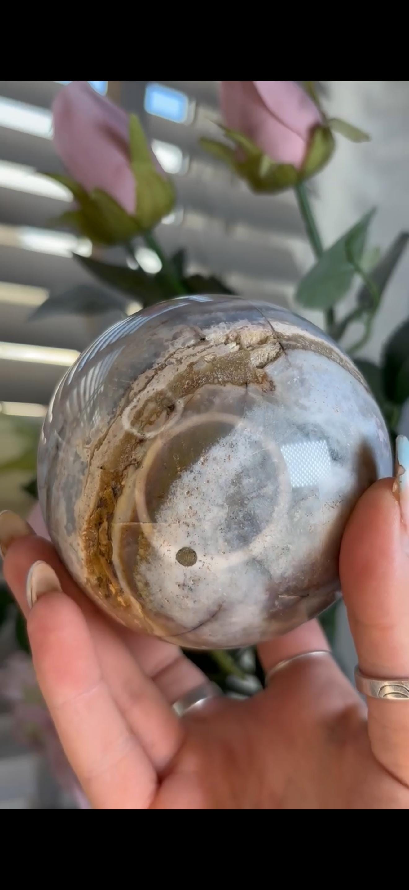 Pastel ocean jasper sphere in blue, pink & grey tones with some rough