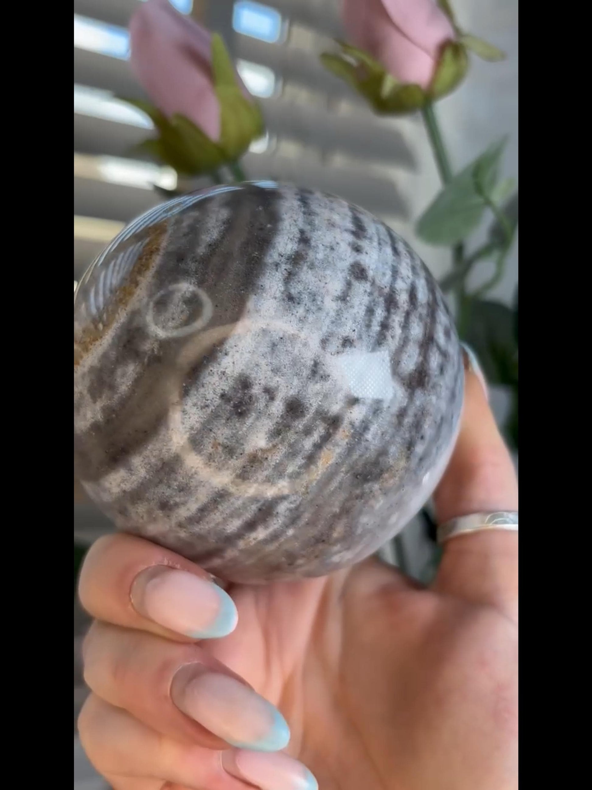Pastel ocean jasper sphere in blue & grey tones with banding