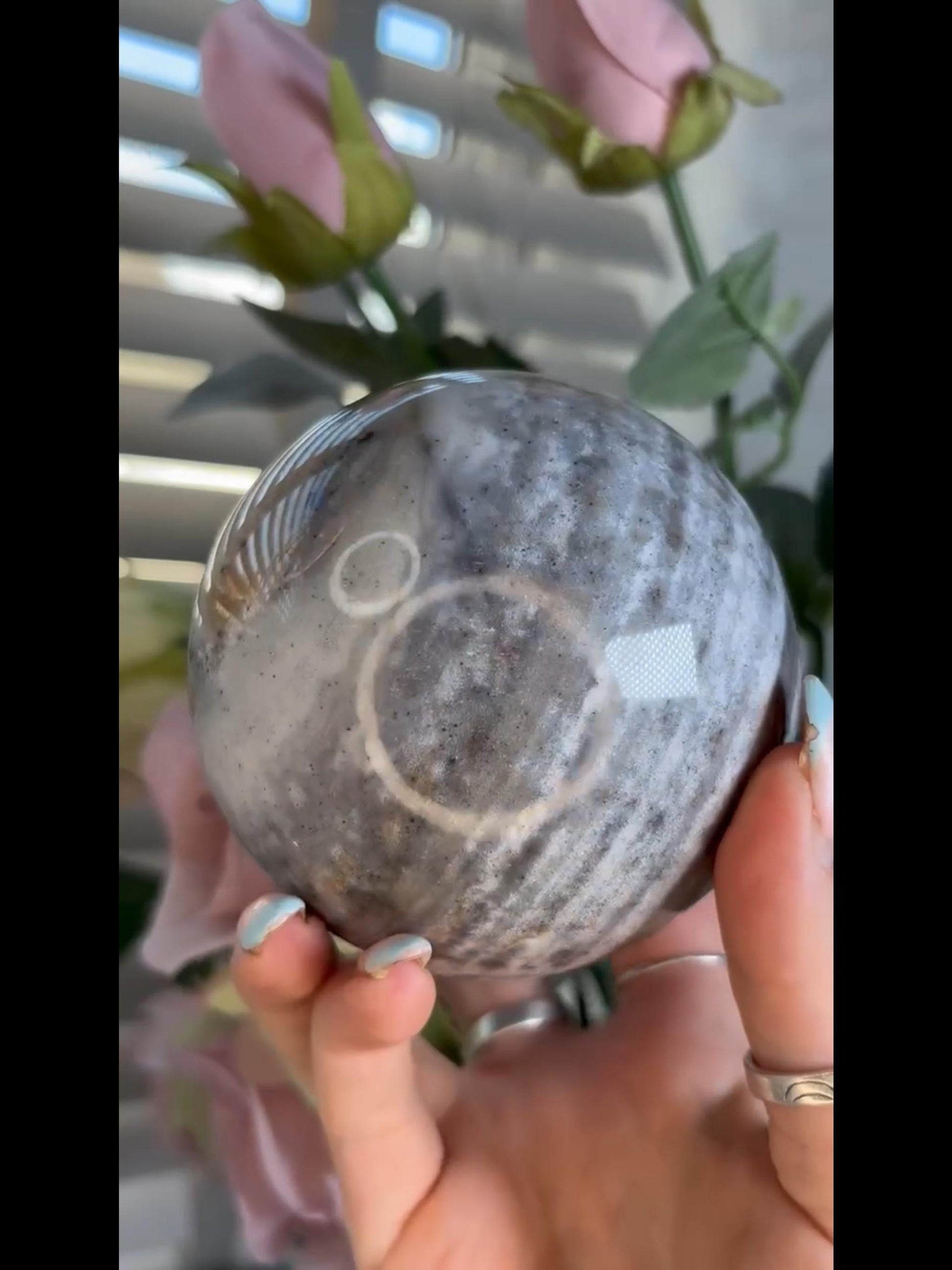 Pastel ocean jasper sphere in blue & grey tones with banding