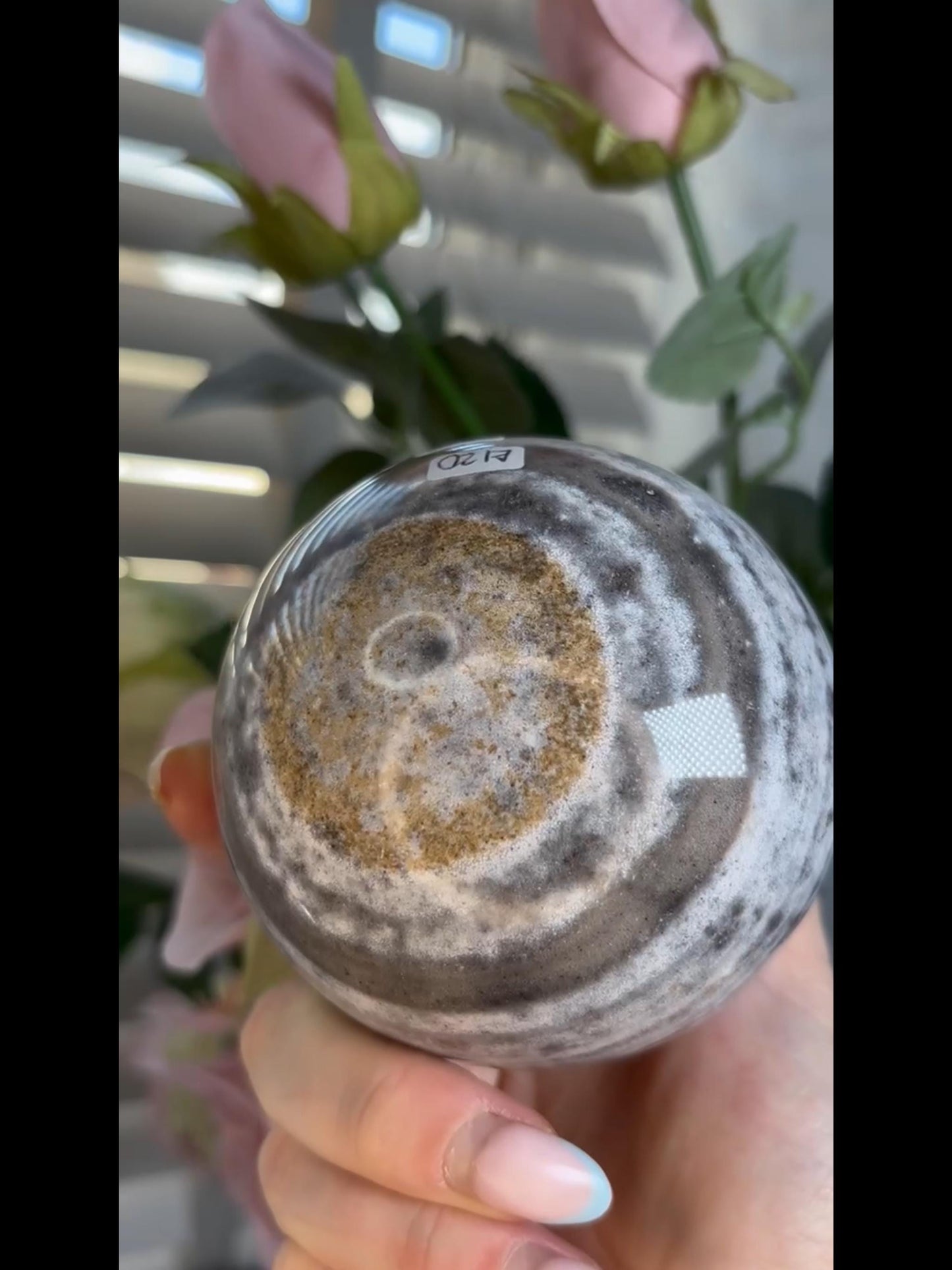 Pastel ocean jasper sphere in blue & grey tones with banding