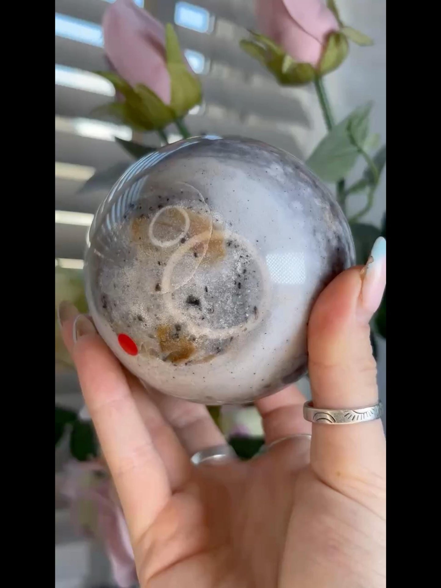 Pastel ocean jasper sphere in blue & grey tones with banding