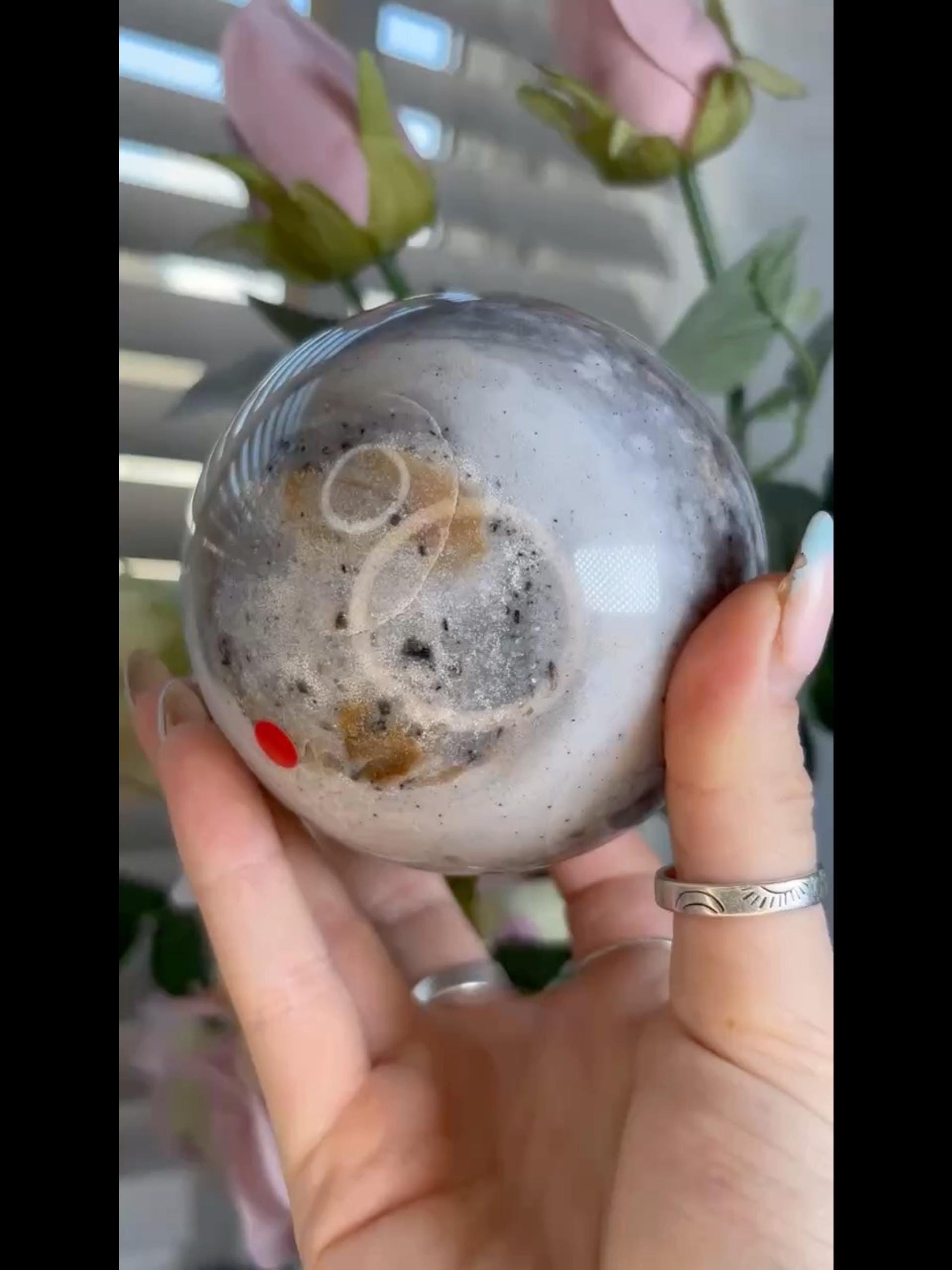 Pastel ocean jasper sphere in blue & grey tones with banding