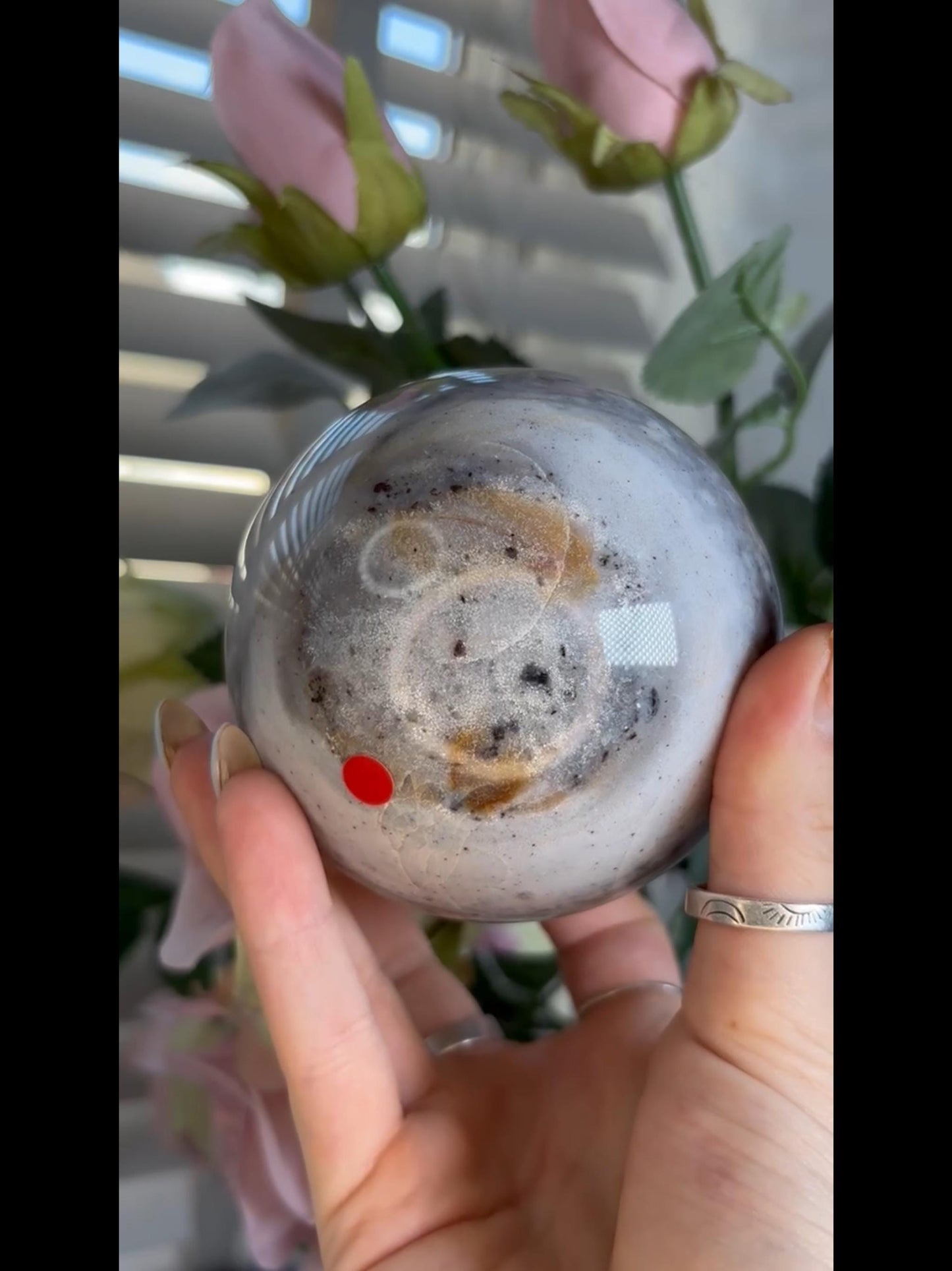 Pastel ocean jasper sphere in blue & grey tones with banding
