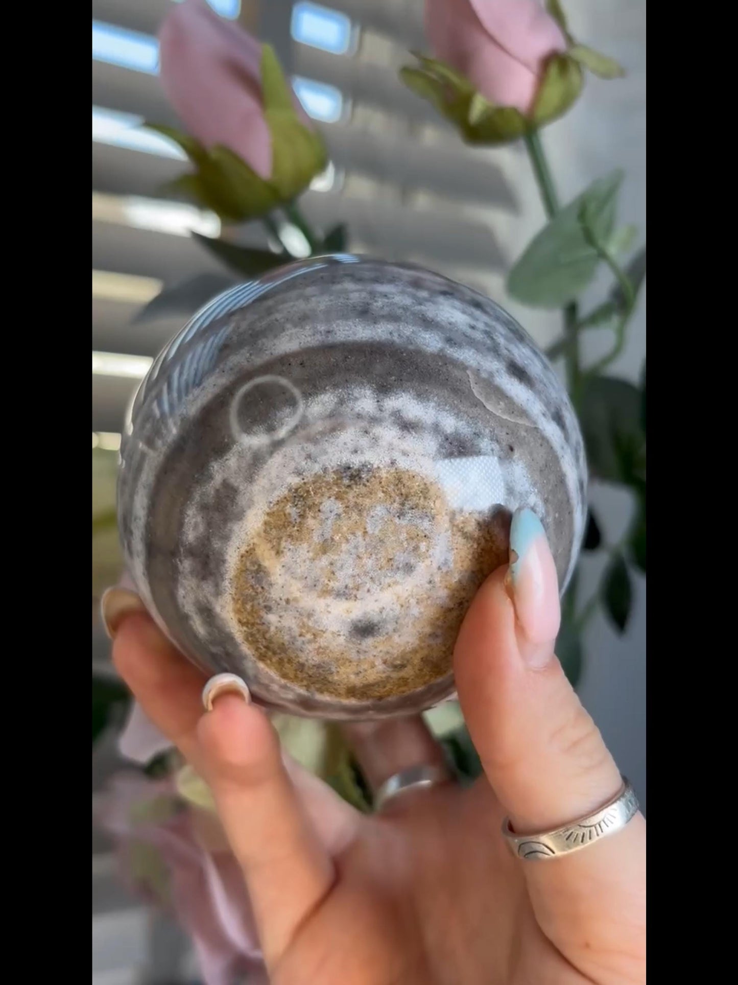 Pastel ocean jasper sphere in blue & grey tones with banding
