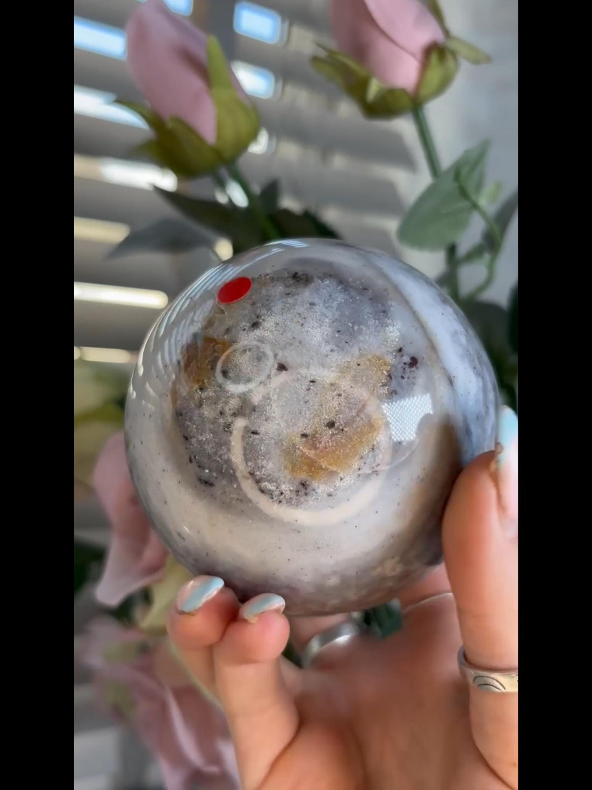 Pastel ocean jasper sphere in blue & grey tones with banding