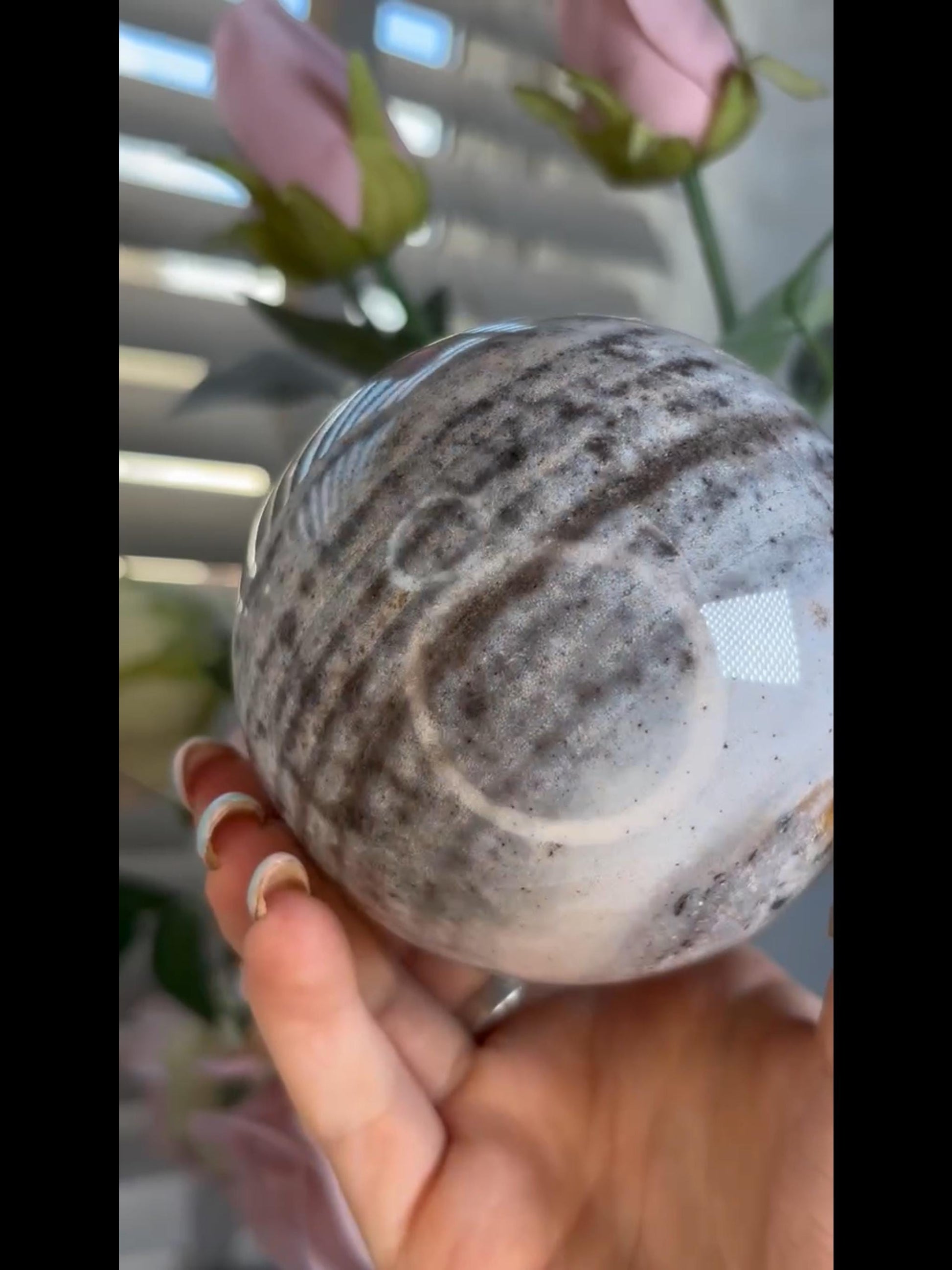 Pastel ocean jasper sphere in blue & grey tones with banding