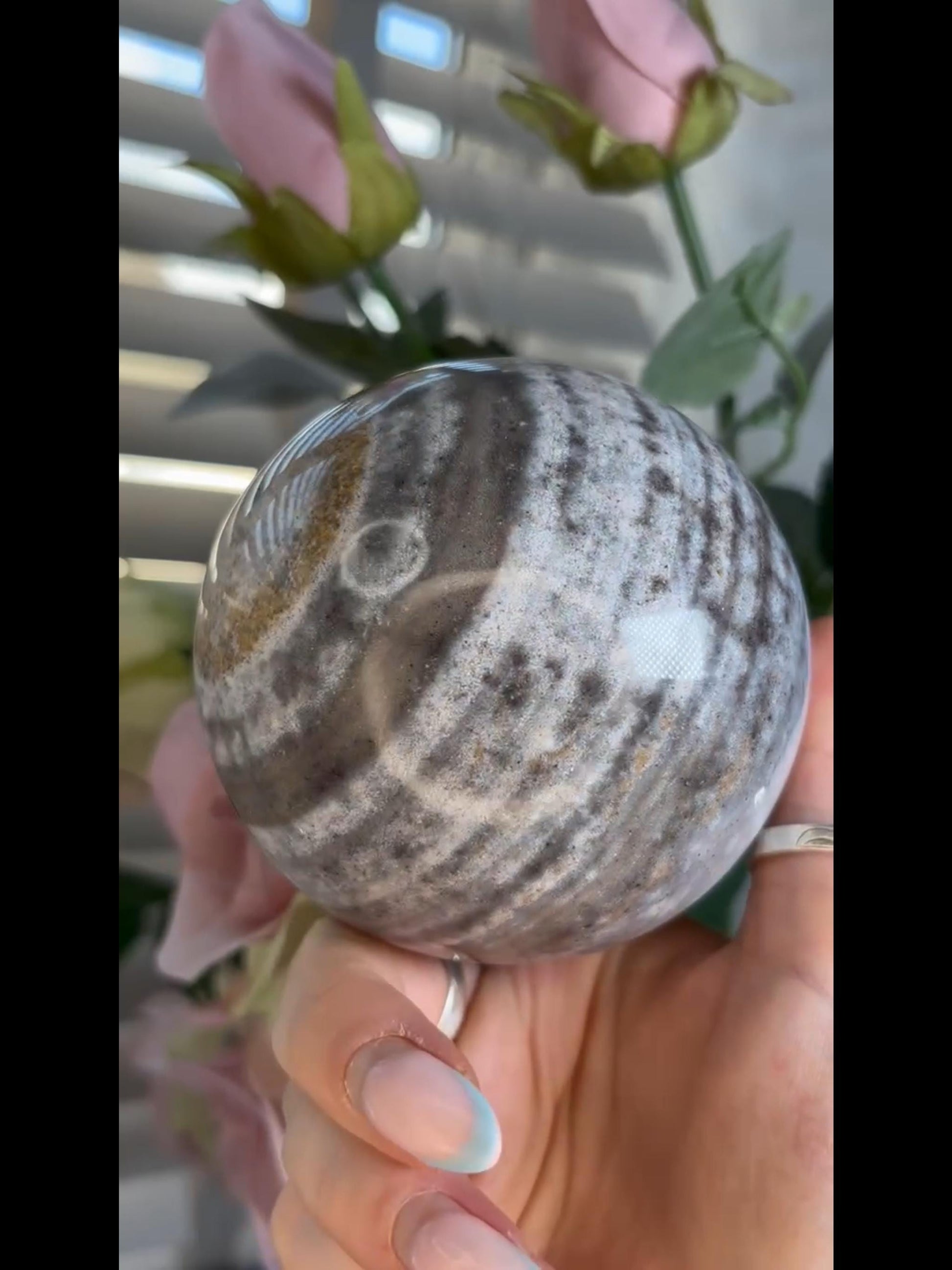 Pastel ocean jasper sphere in blue & grey tones with banding