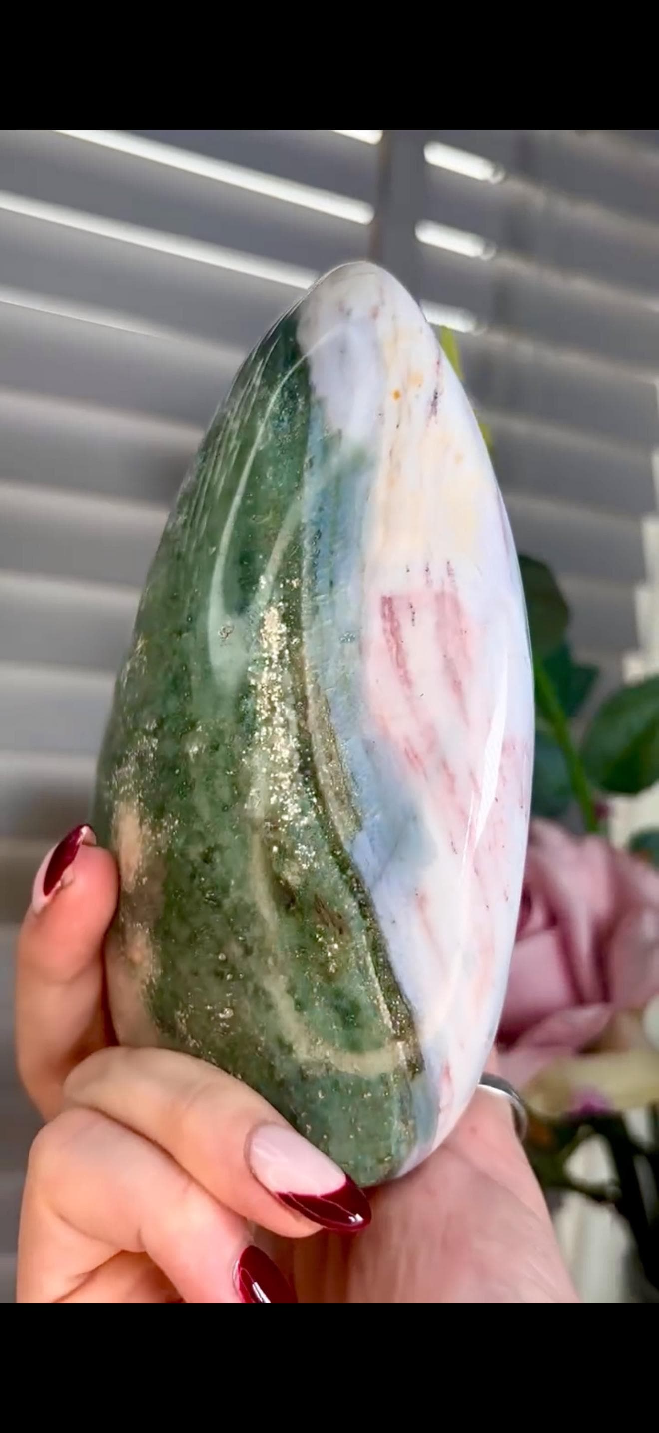 Beautiful, large ocean jasper Freeform in pastel blue, pink & green tones