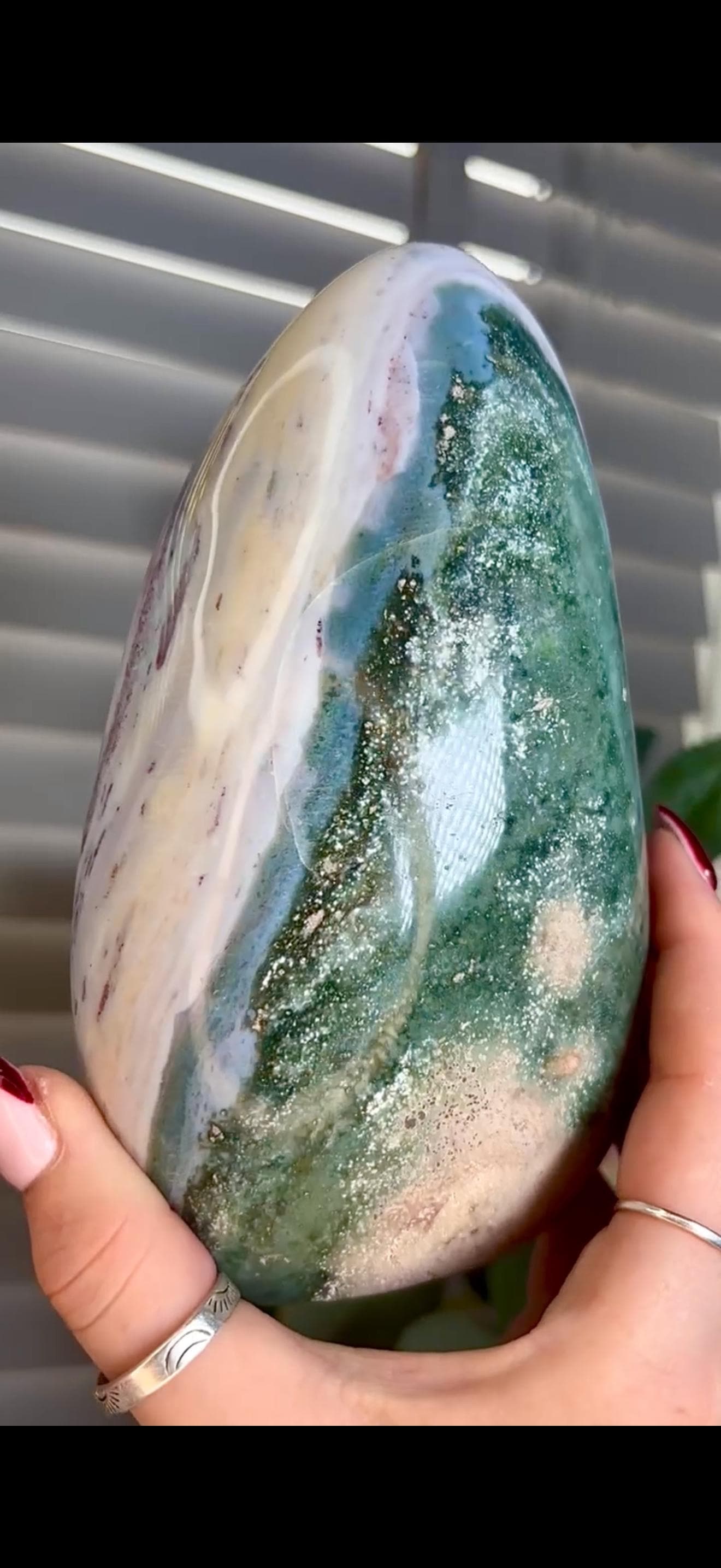 Beautiful, large ocean jasper Freeform in pastel blue, pink & green tones