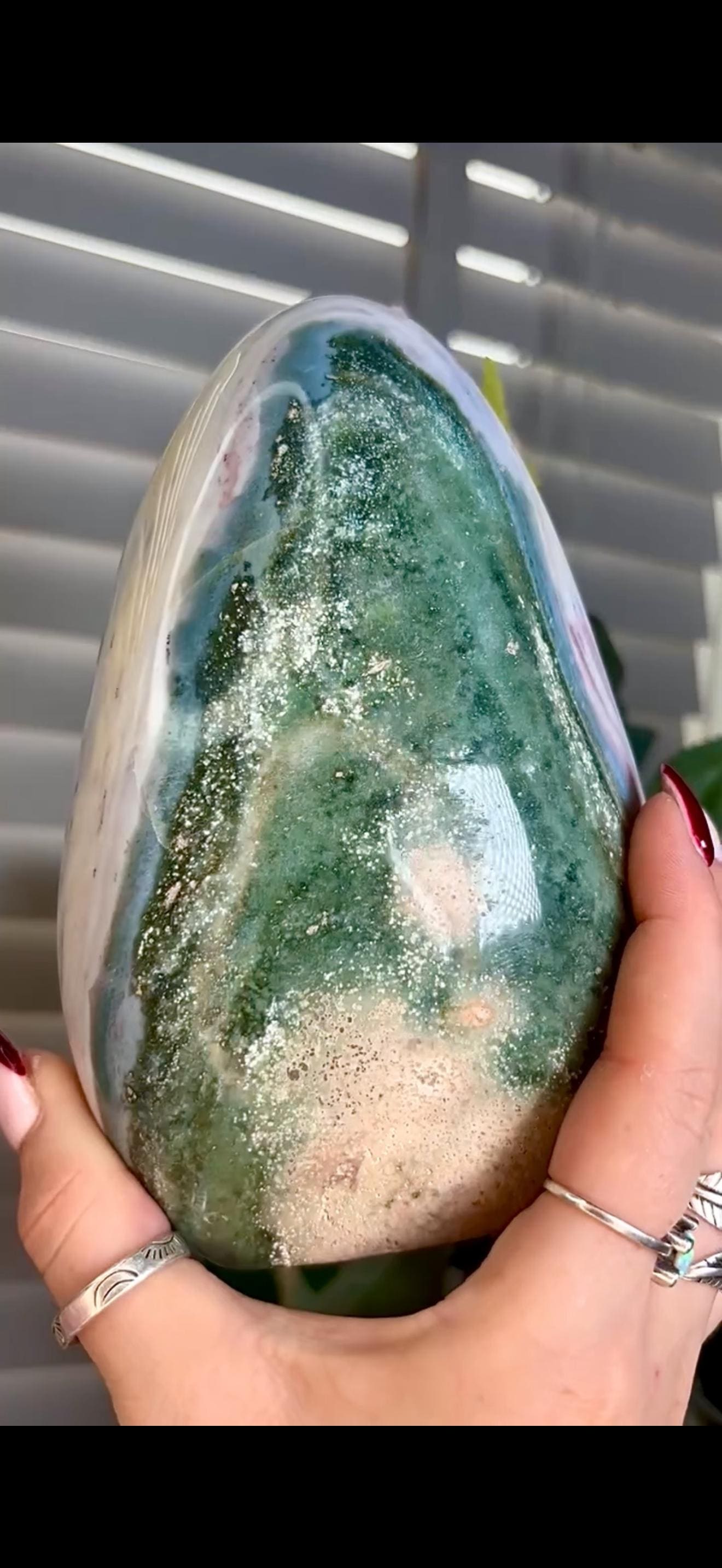 Beautiful, large ocean jasper Freeform in pastel blue, pink & green tones