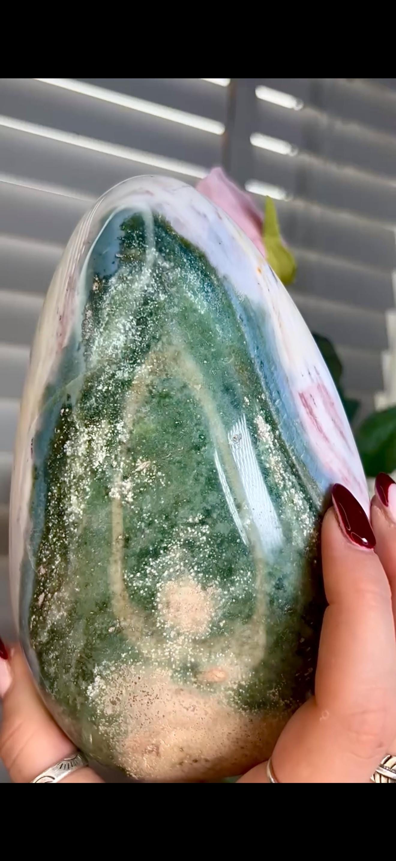 Beautiful, large ocean jasper Freeform in pastel blue, pink & green tones