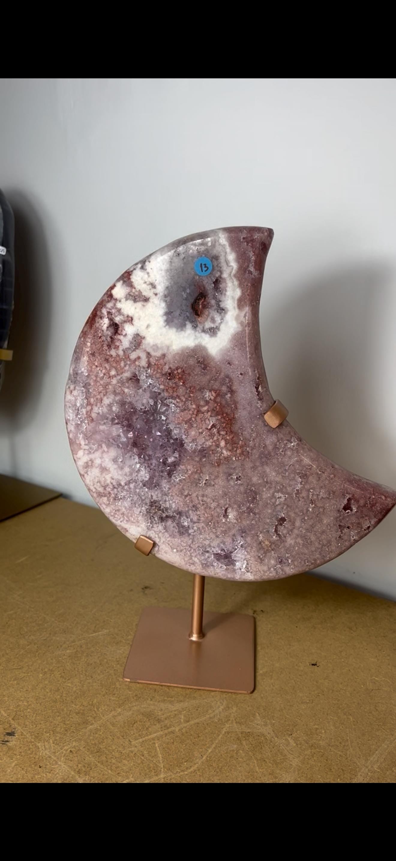 High grade, statement, pink amethyst moon with purple quartz in vibrant pink & red tones with custom stand 2.540kg