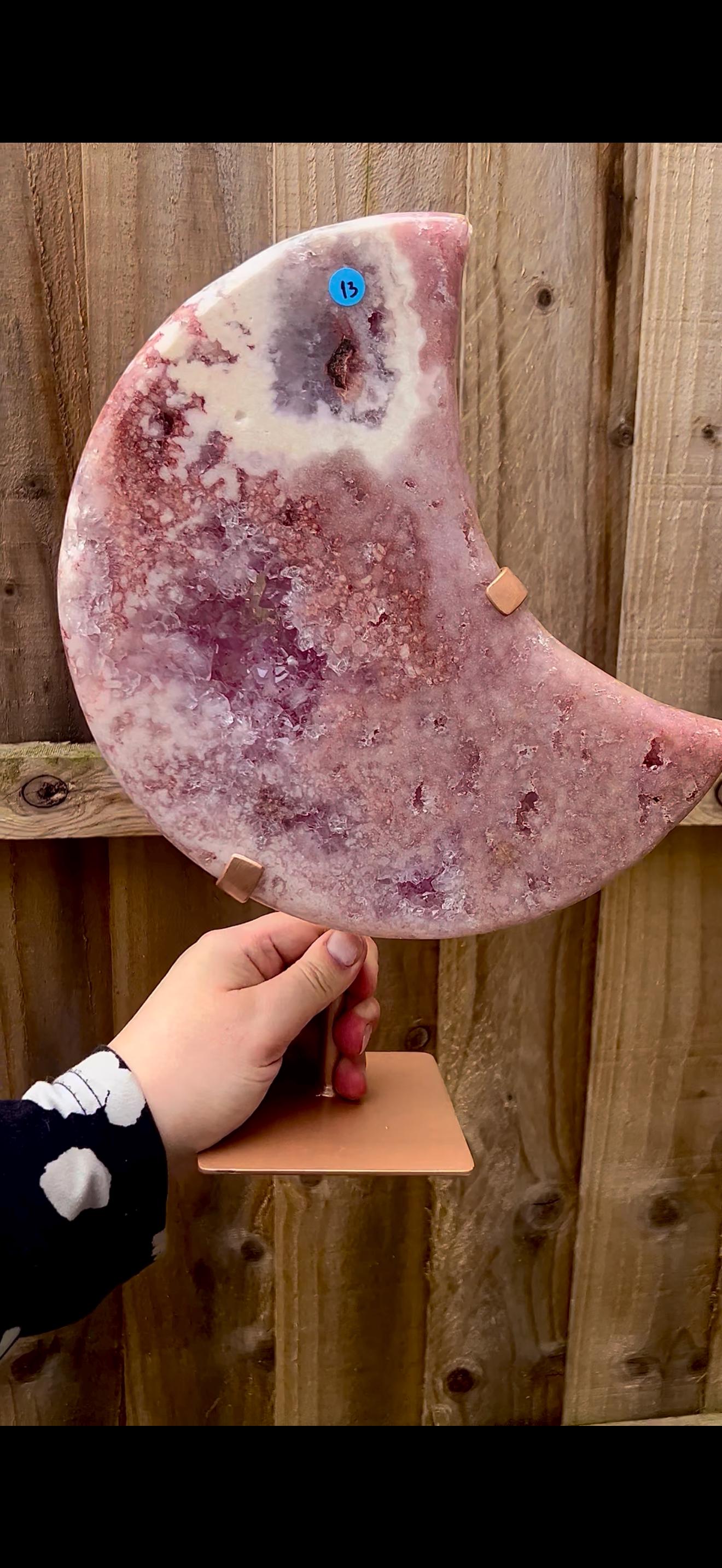 High grade, statement, pink amethyst moon with purple quartz in vibrant pink & red tones with custom stand 2.540kg