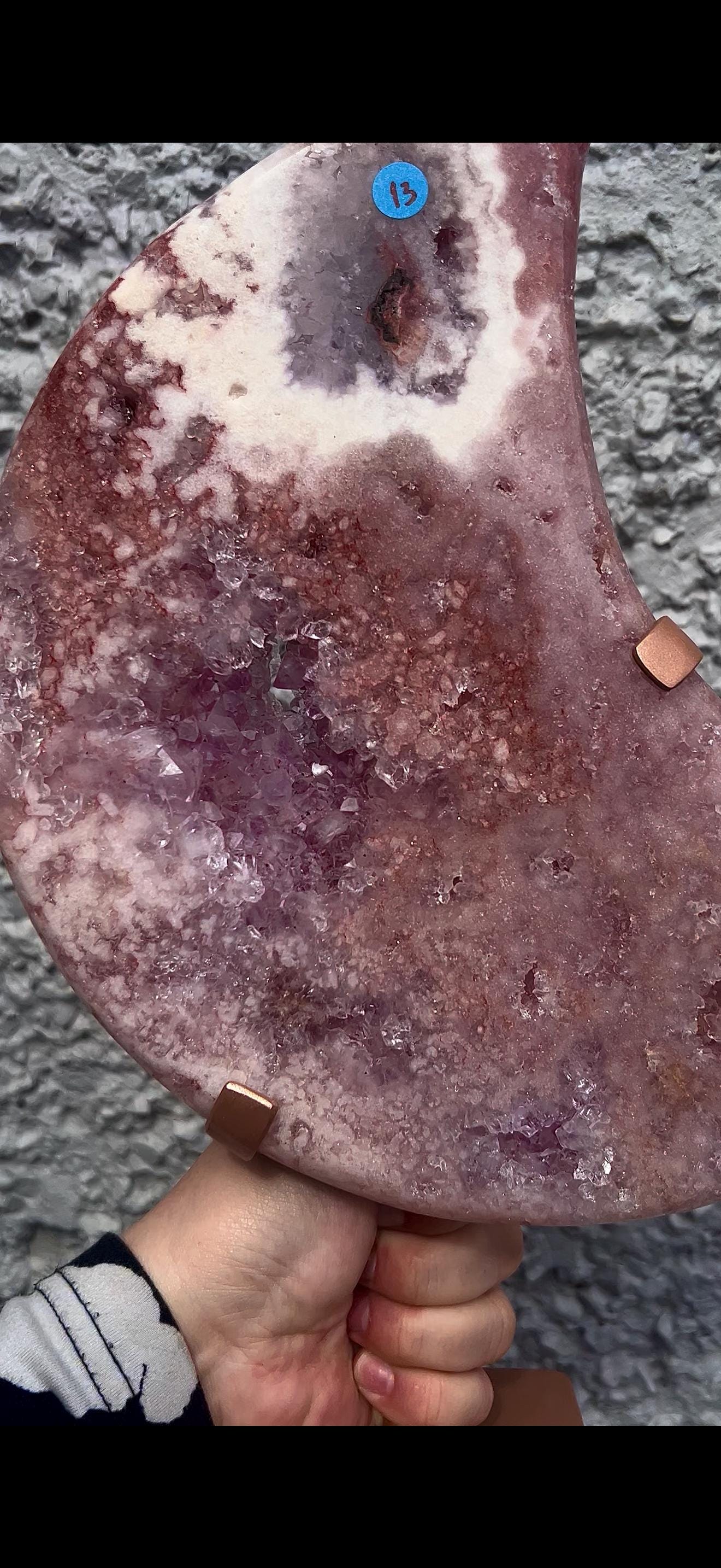 High grade, statement, pink amethyst moon with purple quartz in vibrant pink & red tones with custom stand 2.540kg