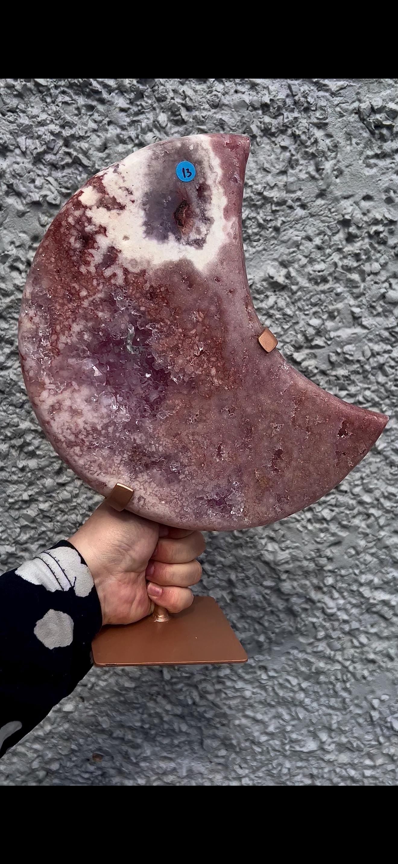 High grade, statement, pink amethyst moon with purple quartz in vibrant pink & red tones with custom stand 2.540kg