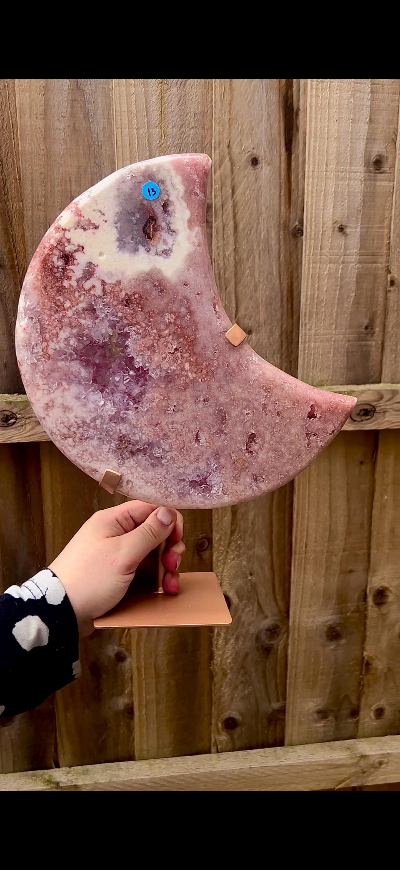 High grade, statement, pink amethyst moon with purple quartz in vibrant pink & red tones with custom stand 2.540kg
