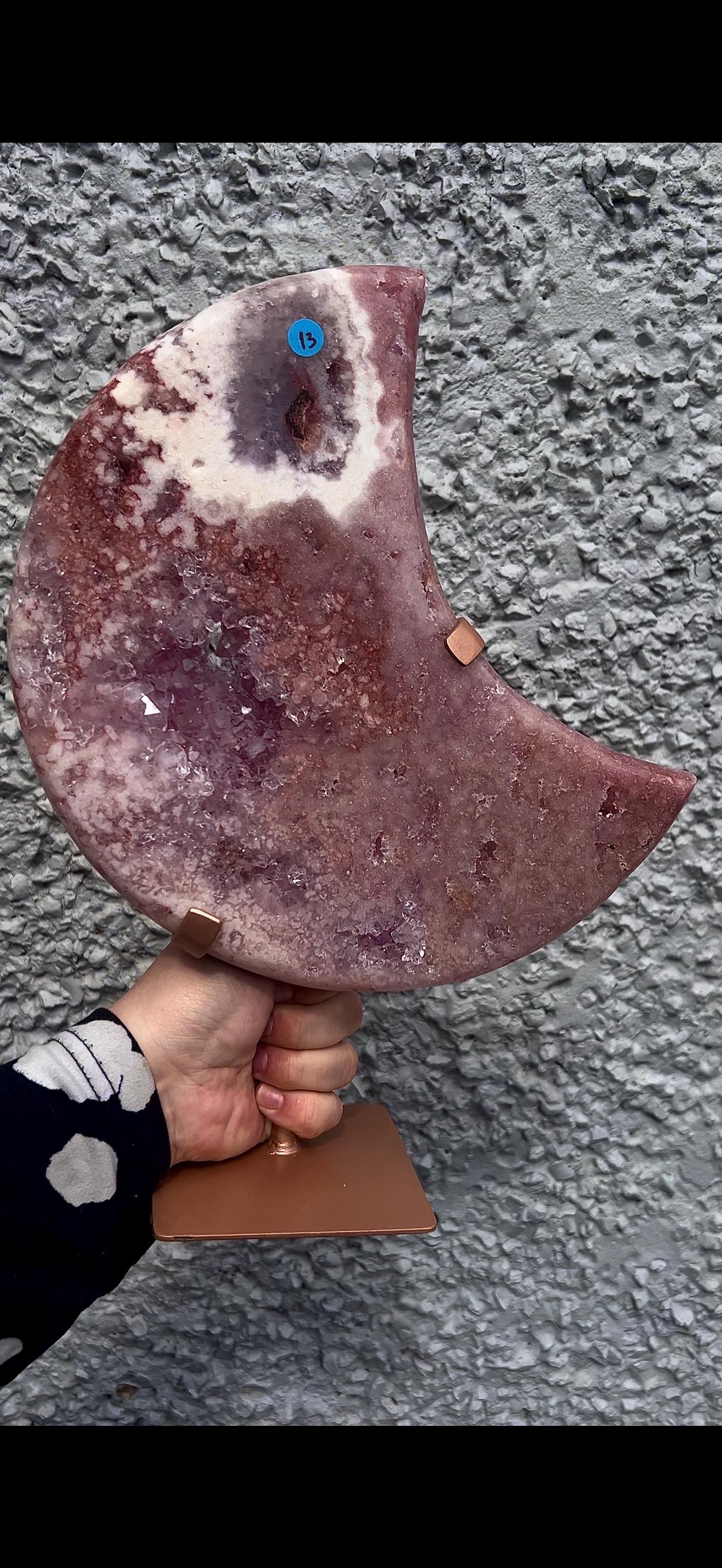 High grade, statement, pink amethyst moon with purple quartz in vibrant pink & red tones with custom stand 2.540kg