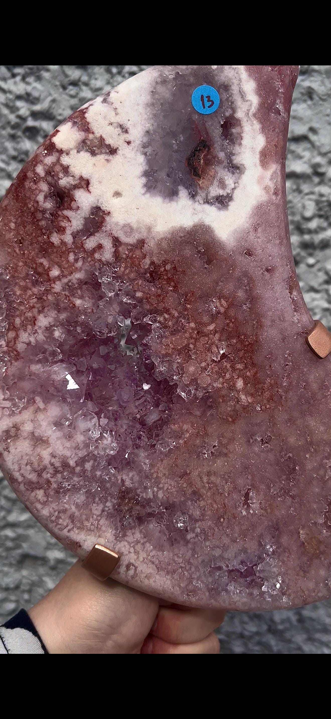 High grade, statement, pink amethyst moon with purple quartz in vibrant pink & red tones with custom stand 2.540kg