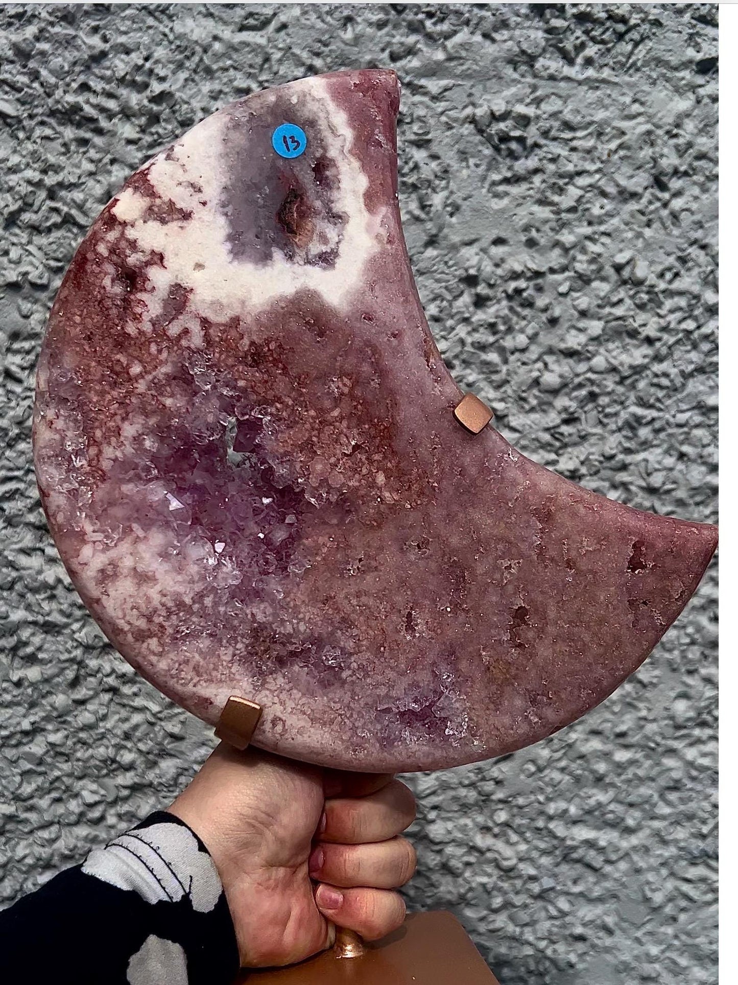 High grade, statement, pink amethyst moon with purple quartz in vibrant pink & red tones with custom stand 2.540kg