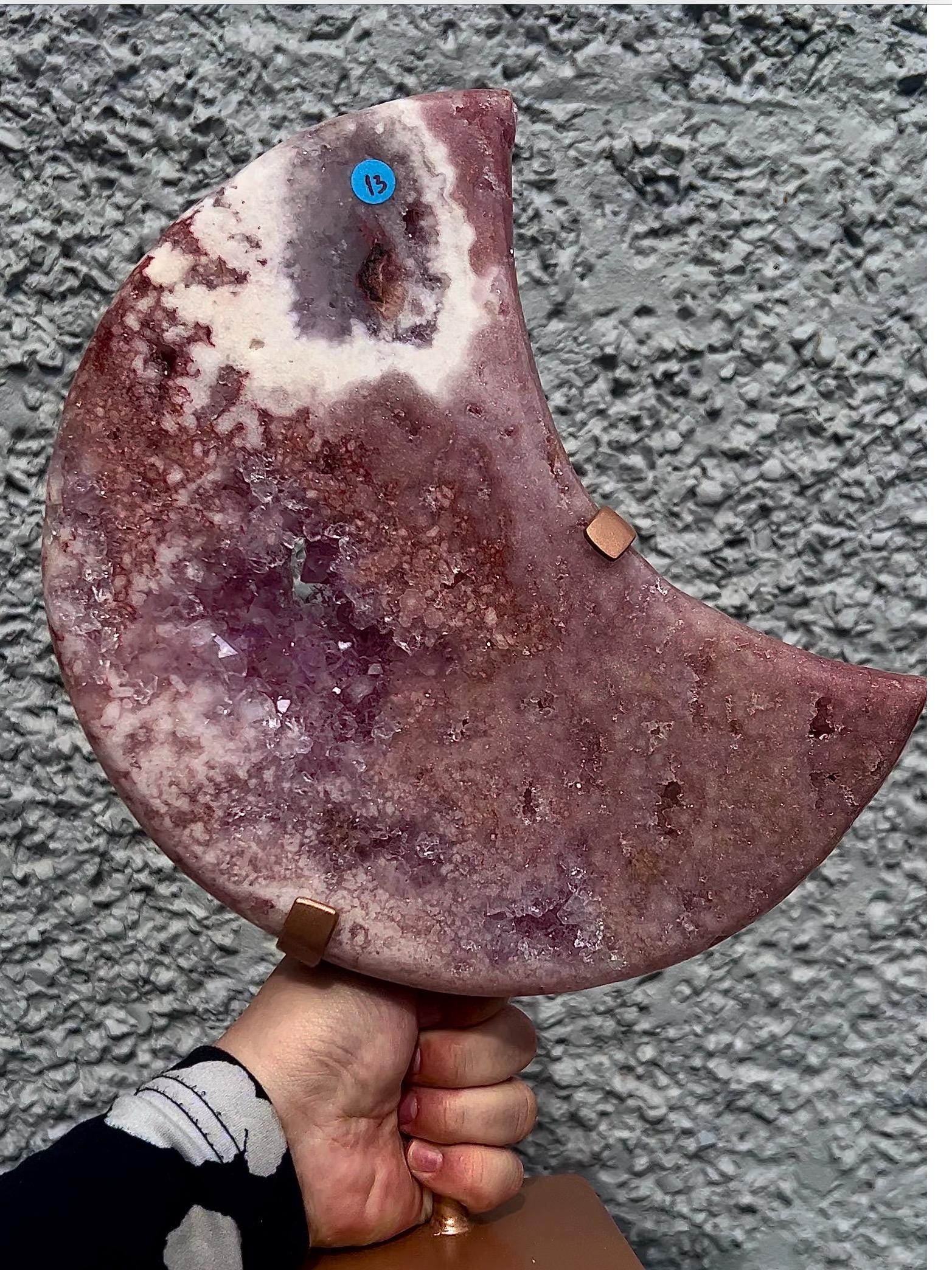 High grade, statement, pink amethyst moon with purple quartz in vibrant pink & red tones with custom stand 2.540kg