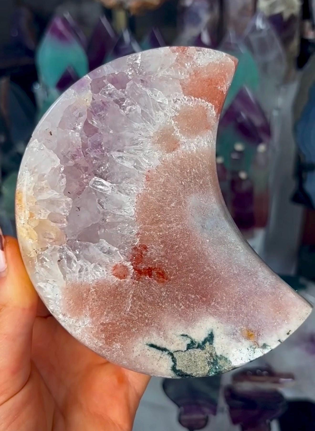 High grade, polished pink amethyst moon with red hematite, Green jasper and purple quartz - comes with pedestal stand
