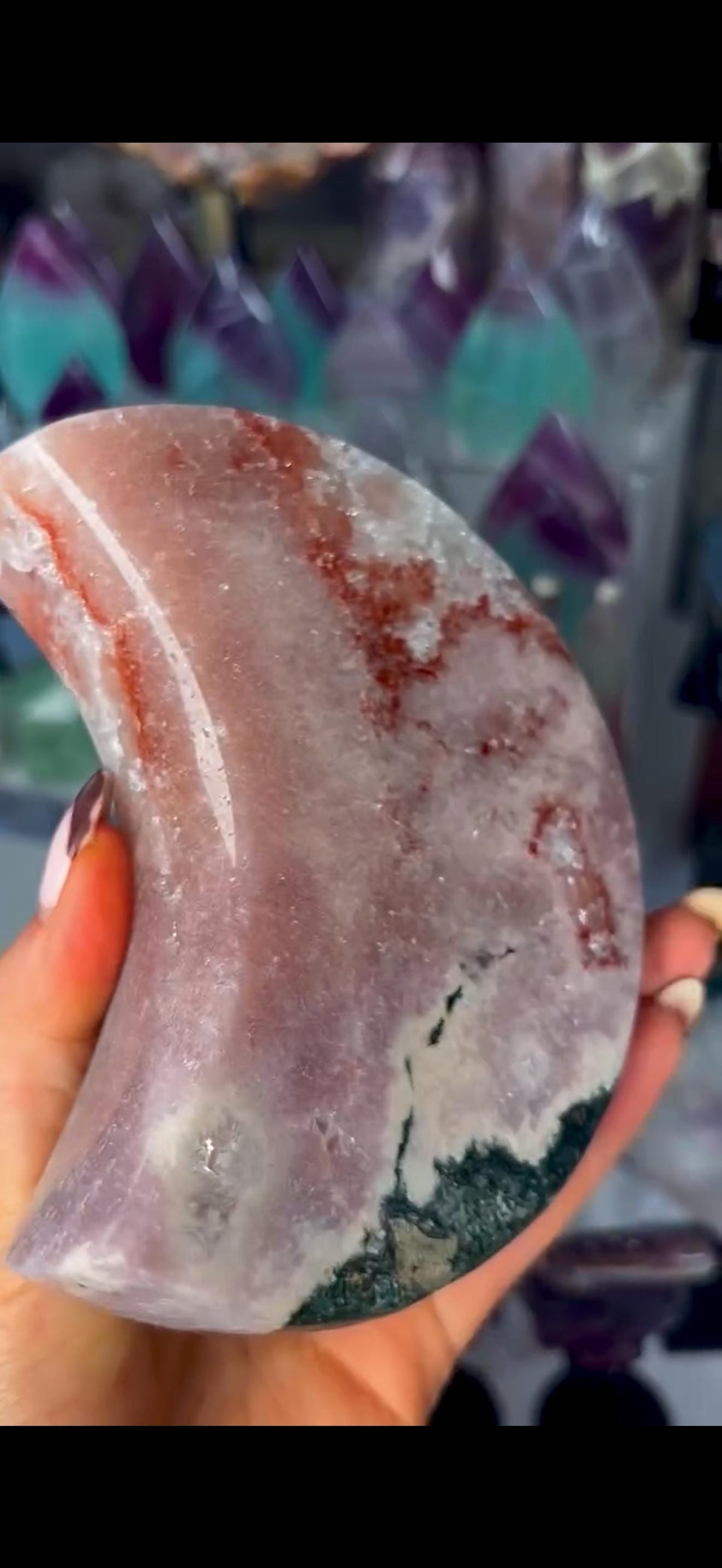 High grade, polished pink amethyst moon with red hematite, Green jasper and purple quartz - comes with pedestal stand