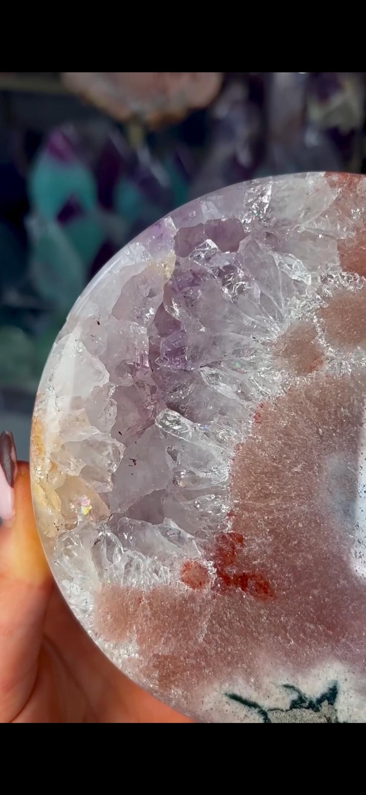 High grade, polished pink amethyst moon with red hematite, Green jasper and purple quartz - comes with pedestal stand