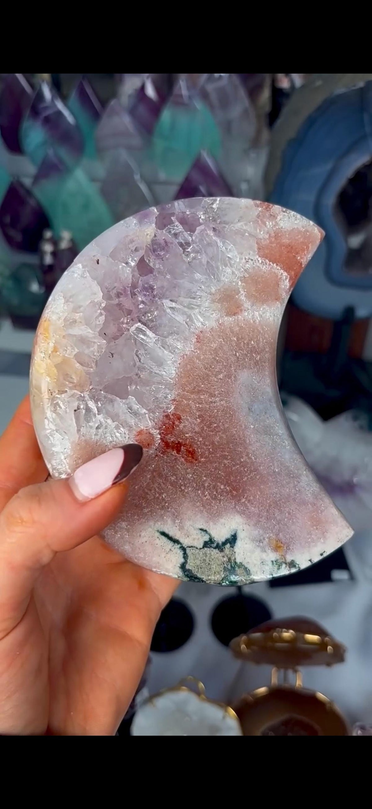 High grade, polished pink amethyst moon with red hematite, Green jasper and purple quartz - comes with pedestal stand