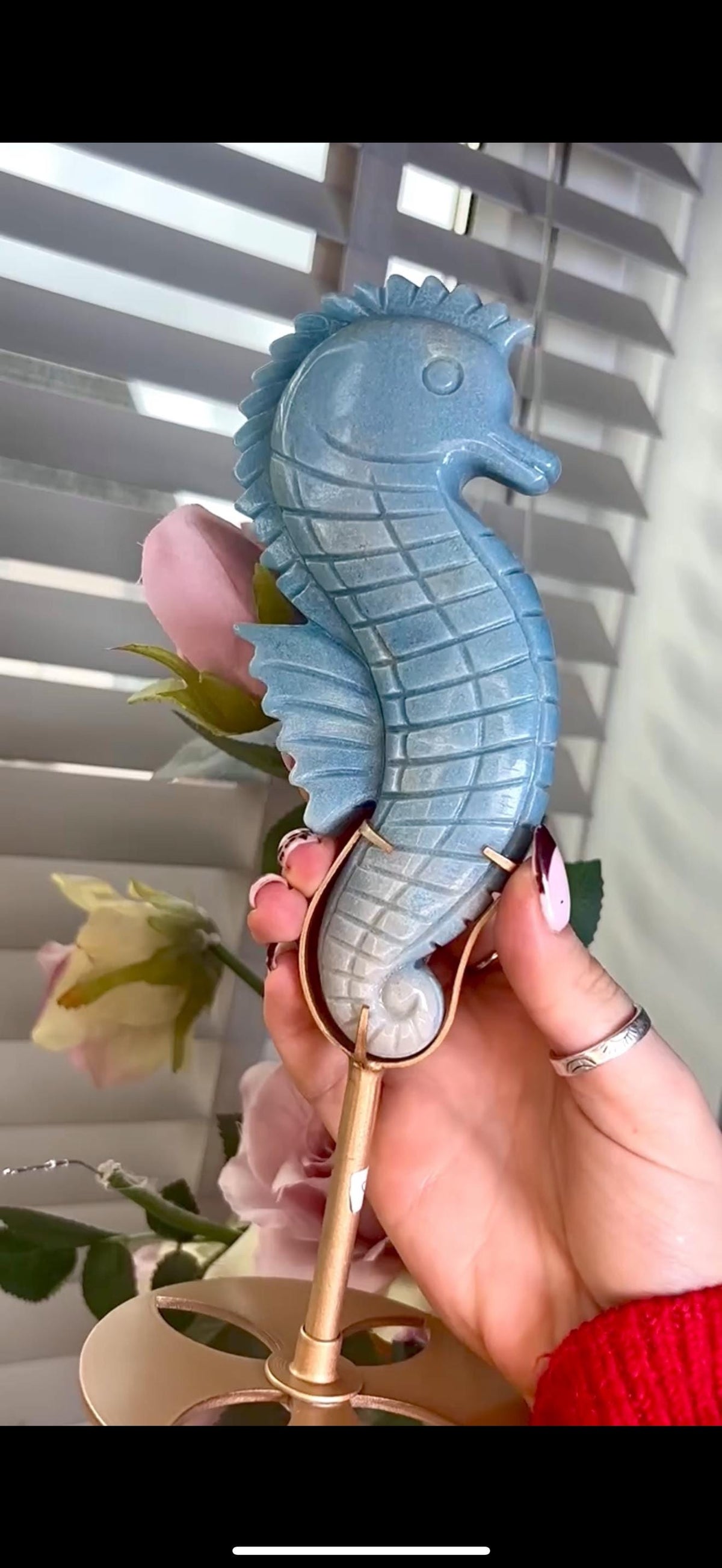 Gorgeous blue trolliete, sea horse - on custom stand