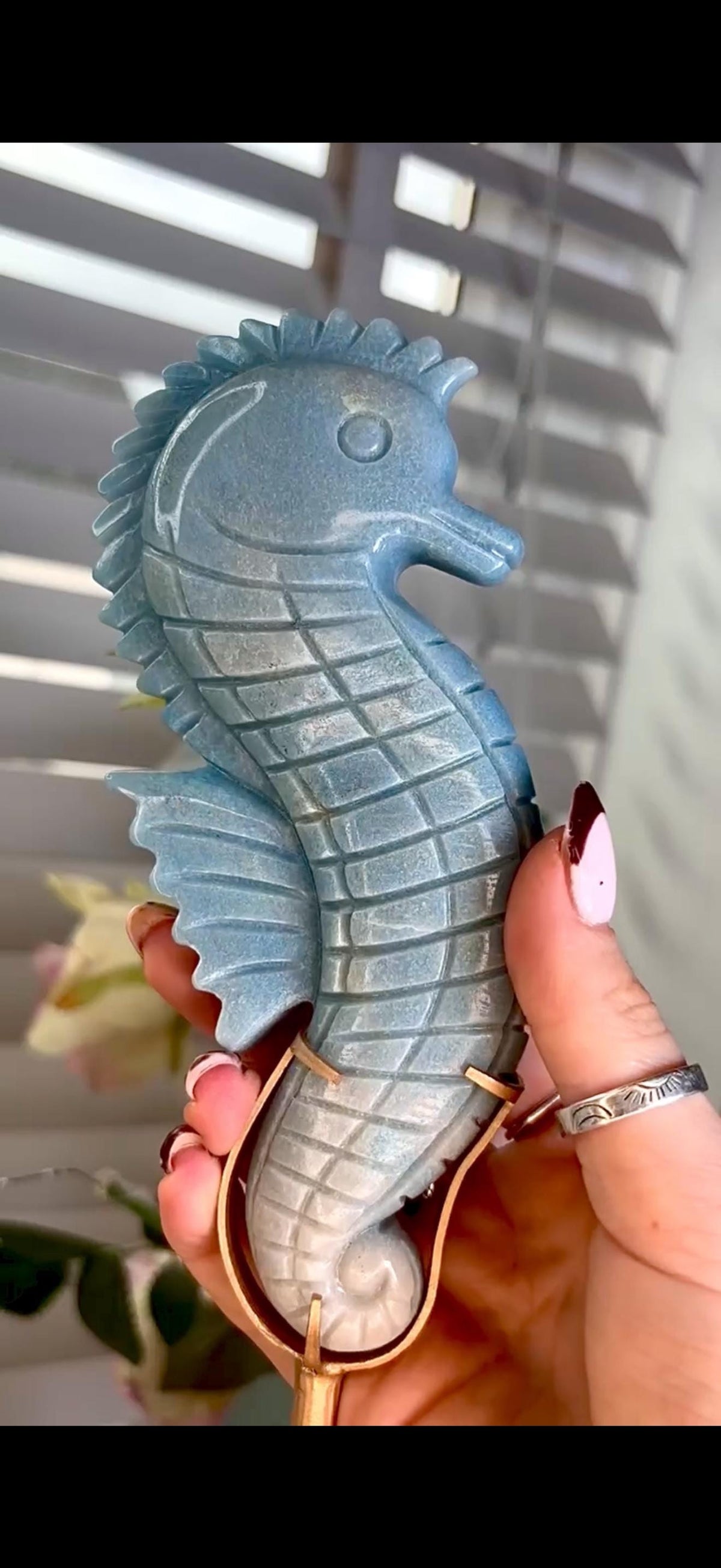 Gorgeous blue trolliete, sea horse - on custom stand