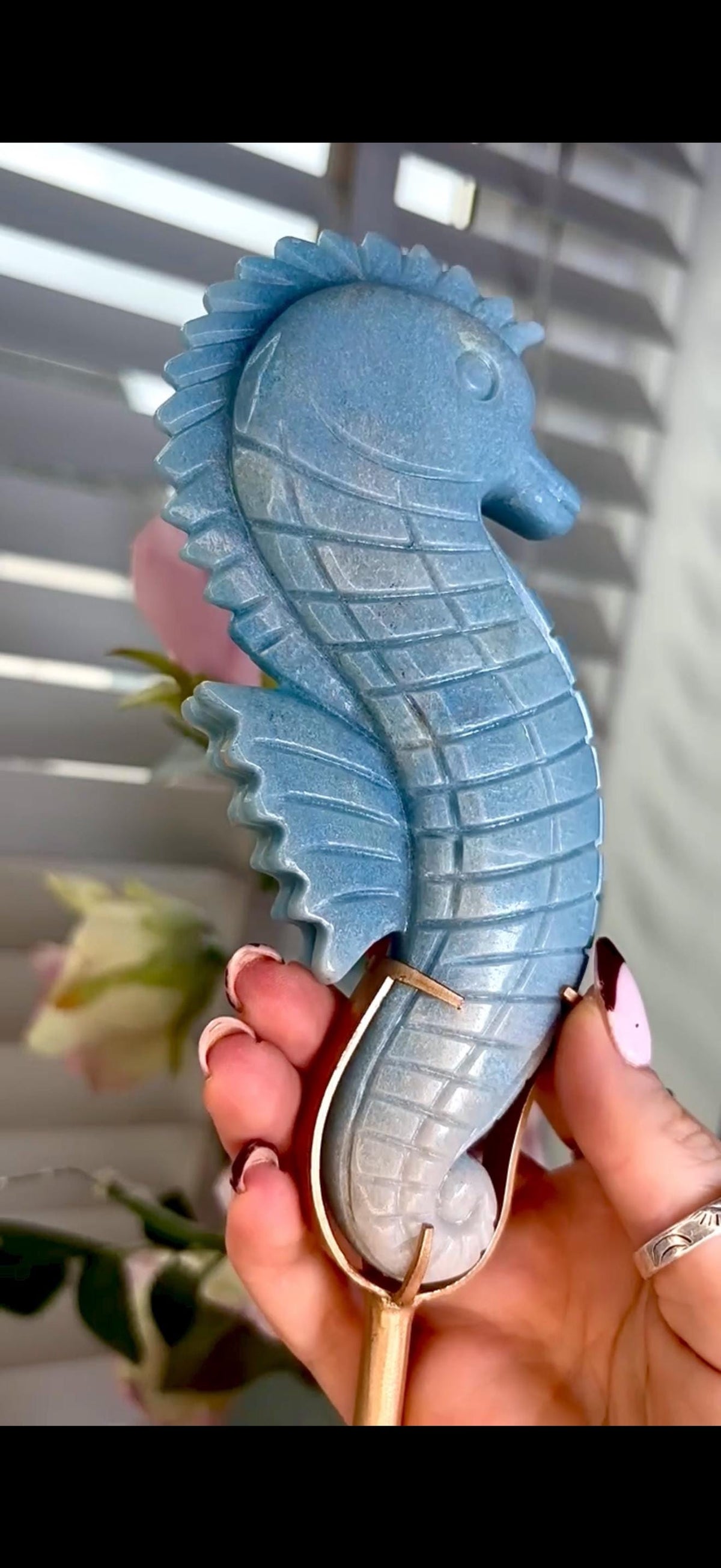Gorgeous blue trolliete, sea horse - on custom stand