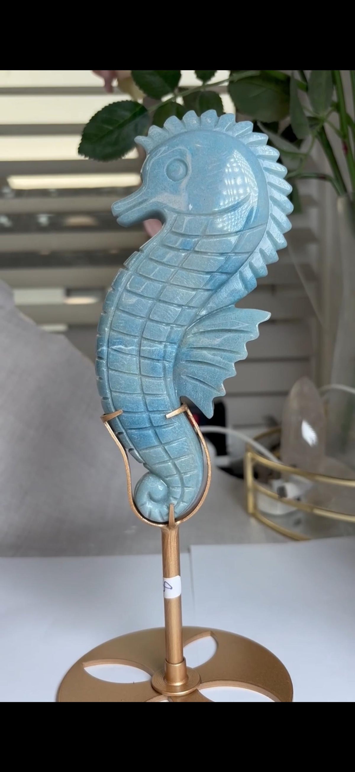 Gorgeous blue trolliete, sea horse - on custom stand