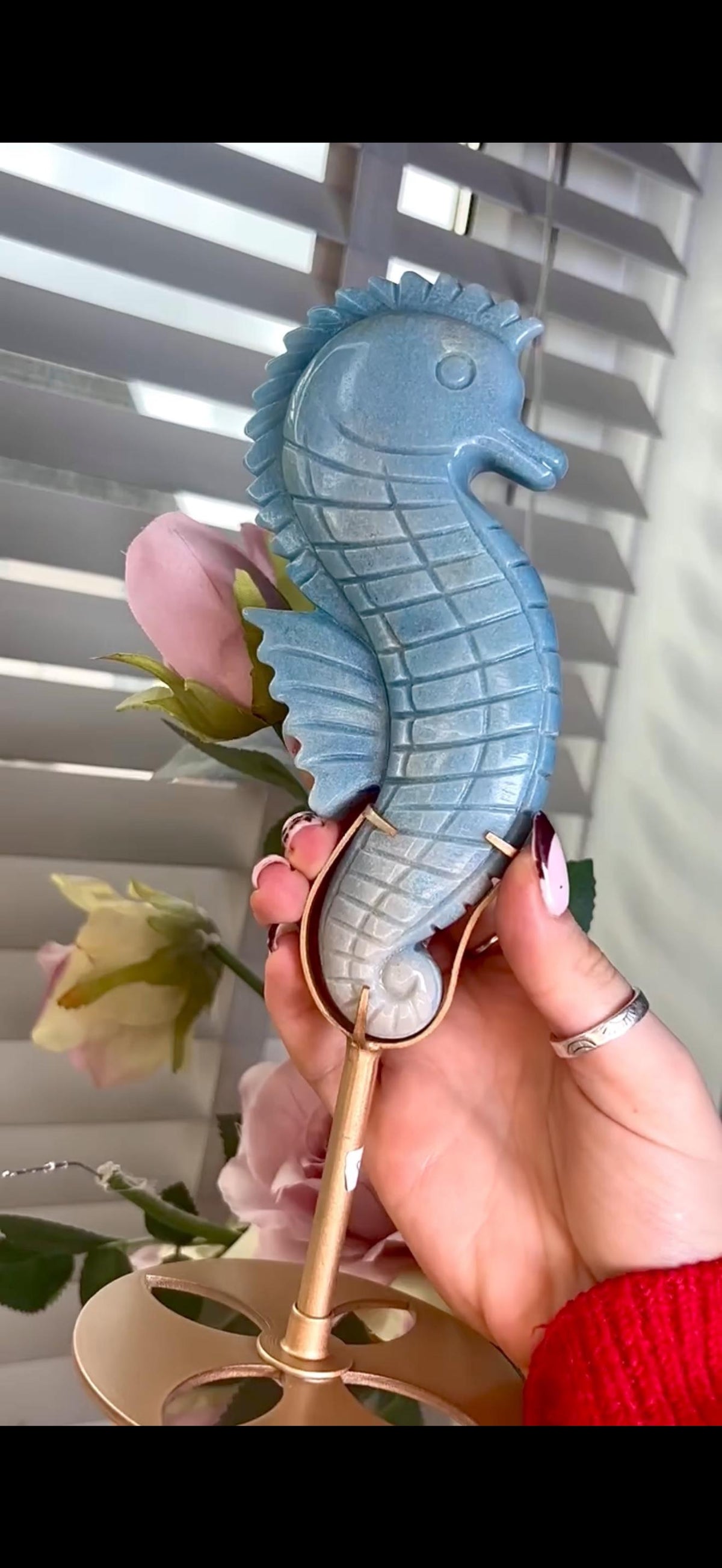 Gorgeous blue trolliete, sea horse - on custom stand