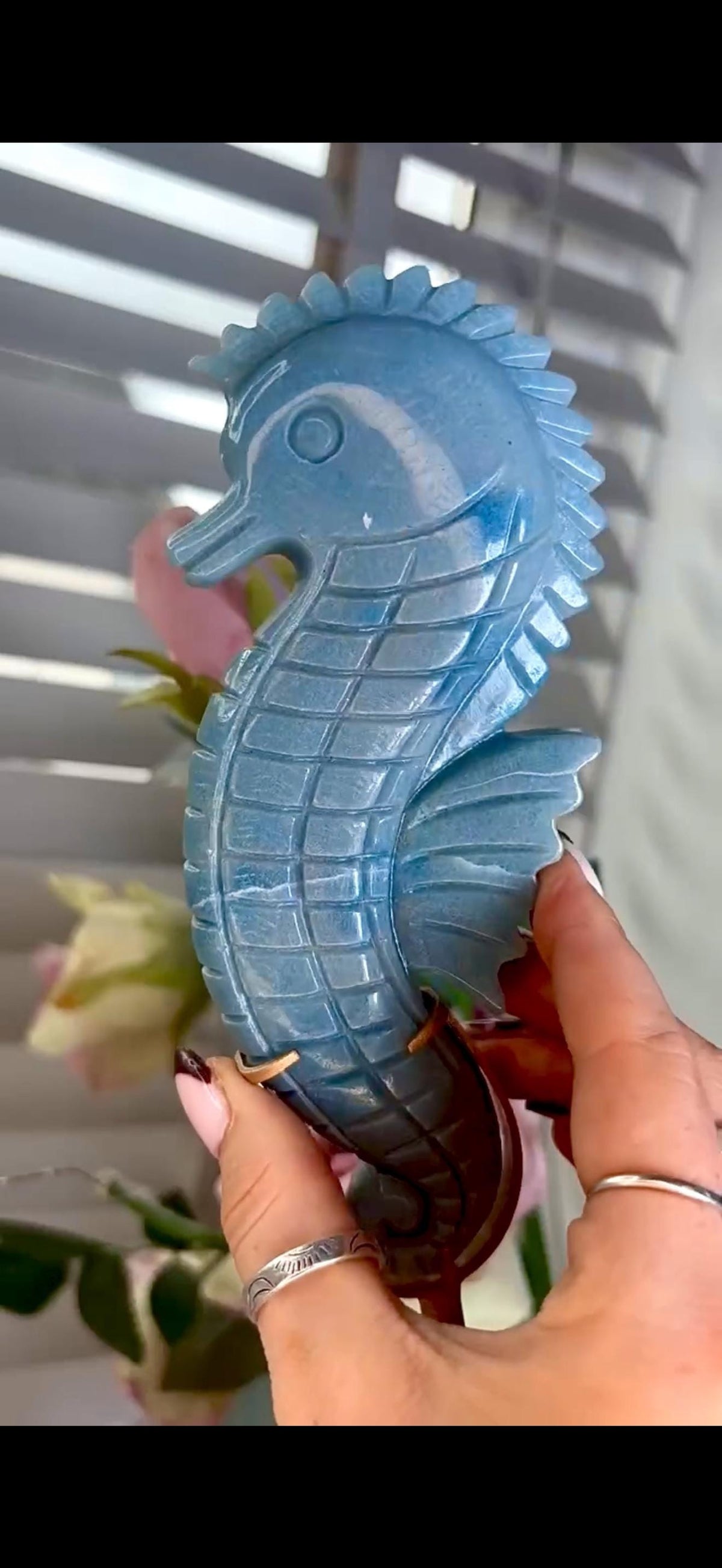 Gorgeous blue trolliete, sea horse - on custom stand