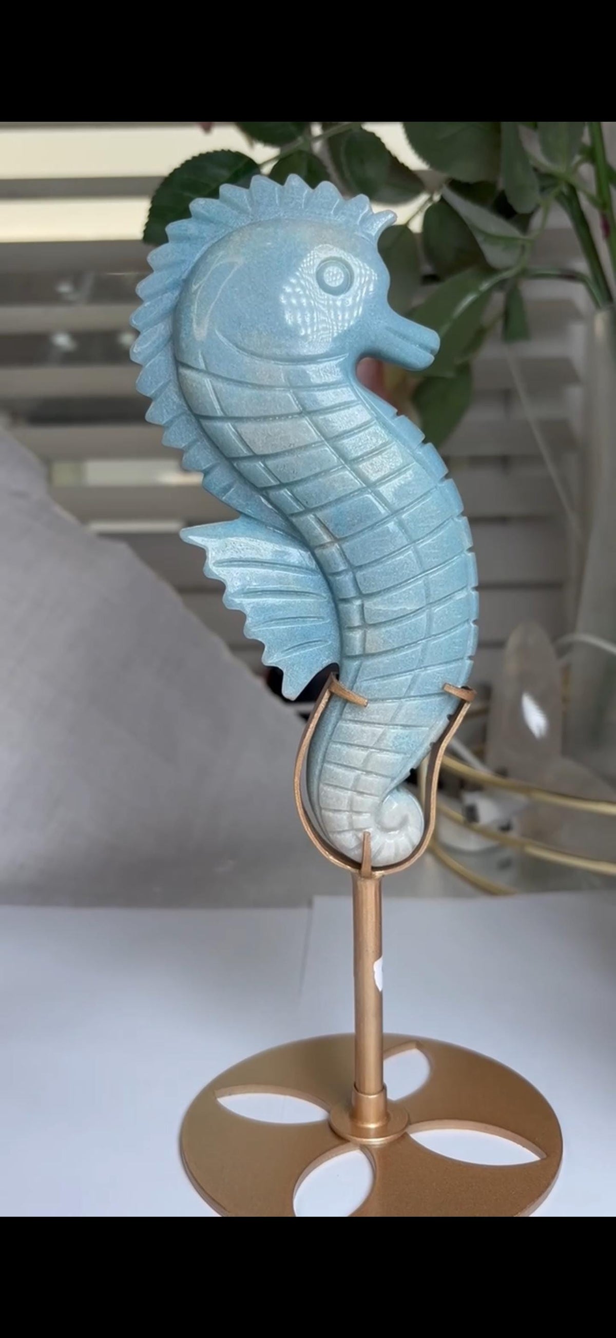Gorgeous blue trolliete, sea horse - on custom stand