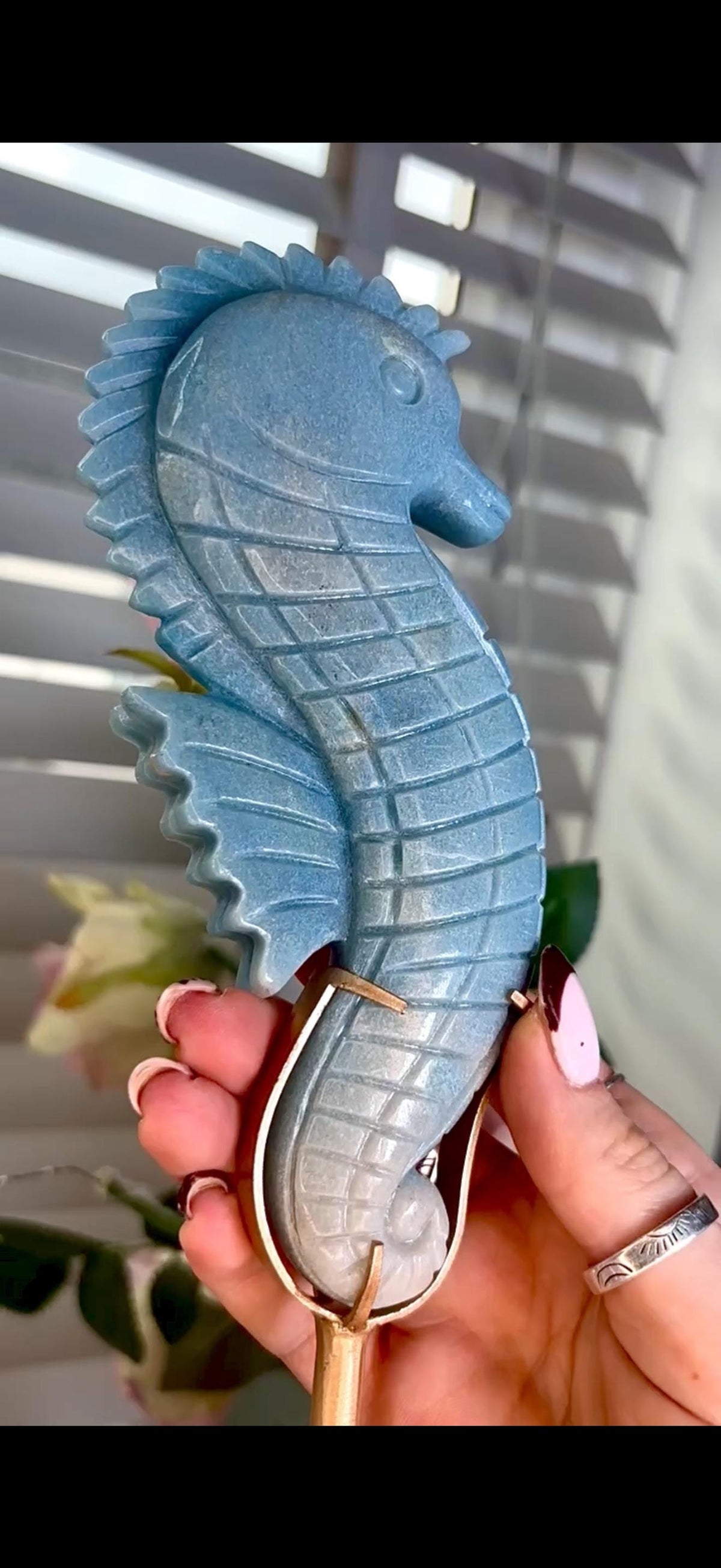 Gorgeous blue trolliete, sea horse - on custom stand
