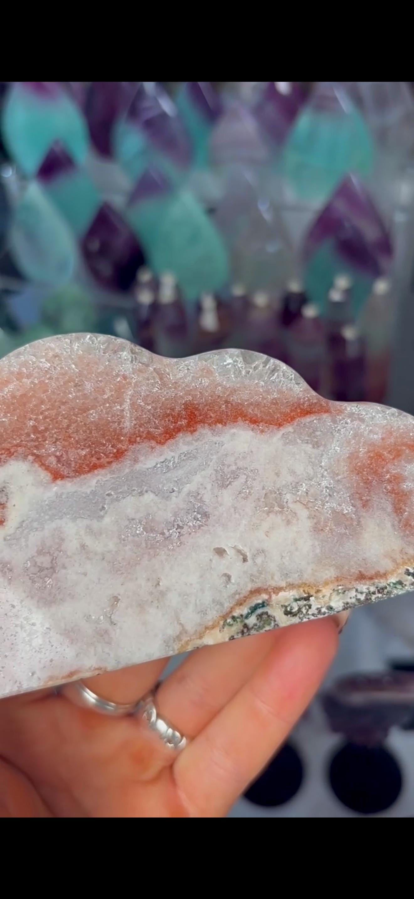 Pretty polished, chunky, pink amethyst cloud in orange & pink tones with quartz druzy
