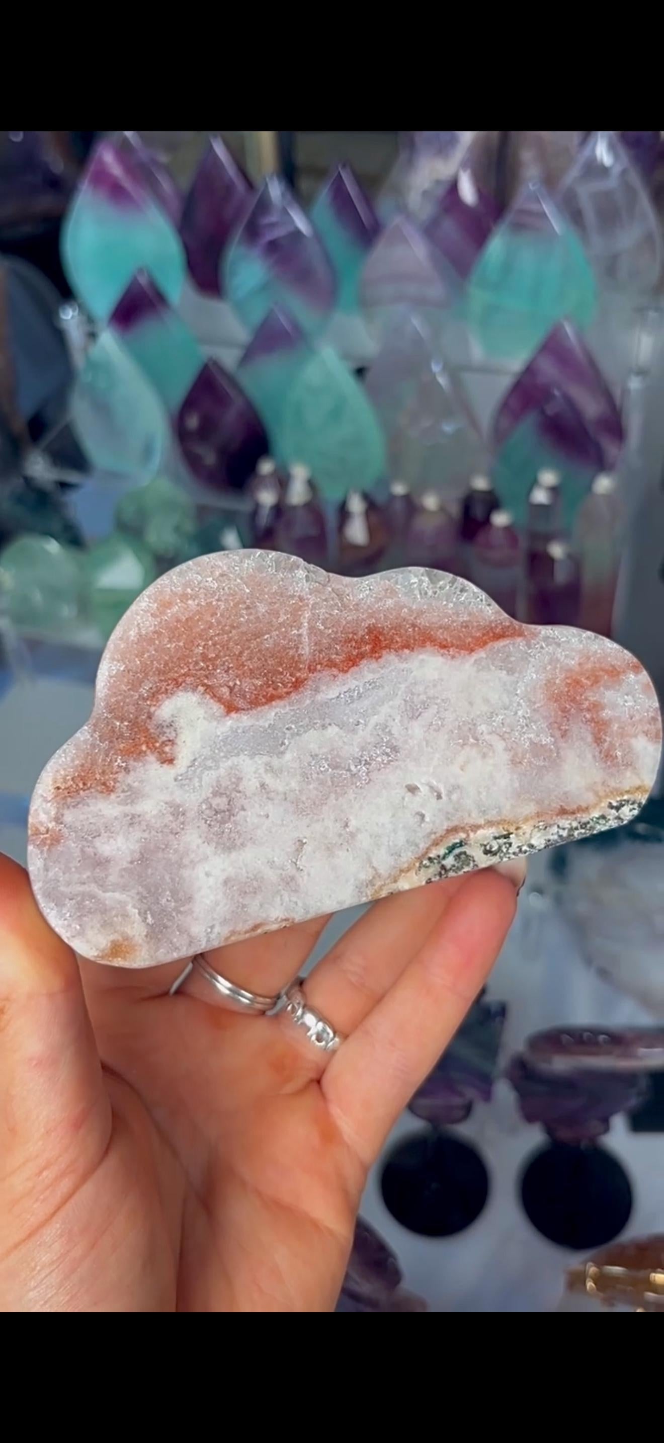 Pretty polished, chunky, pink amethyst cloud in orange & pink tones with quartz druzy