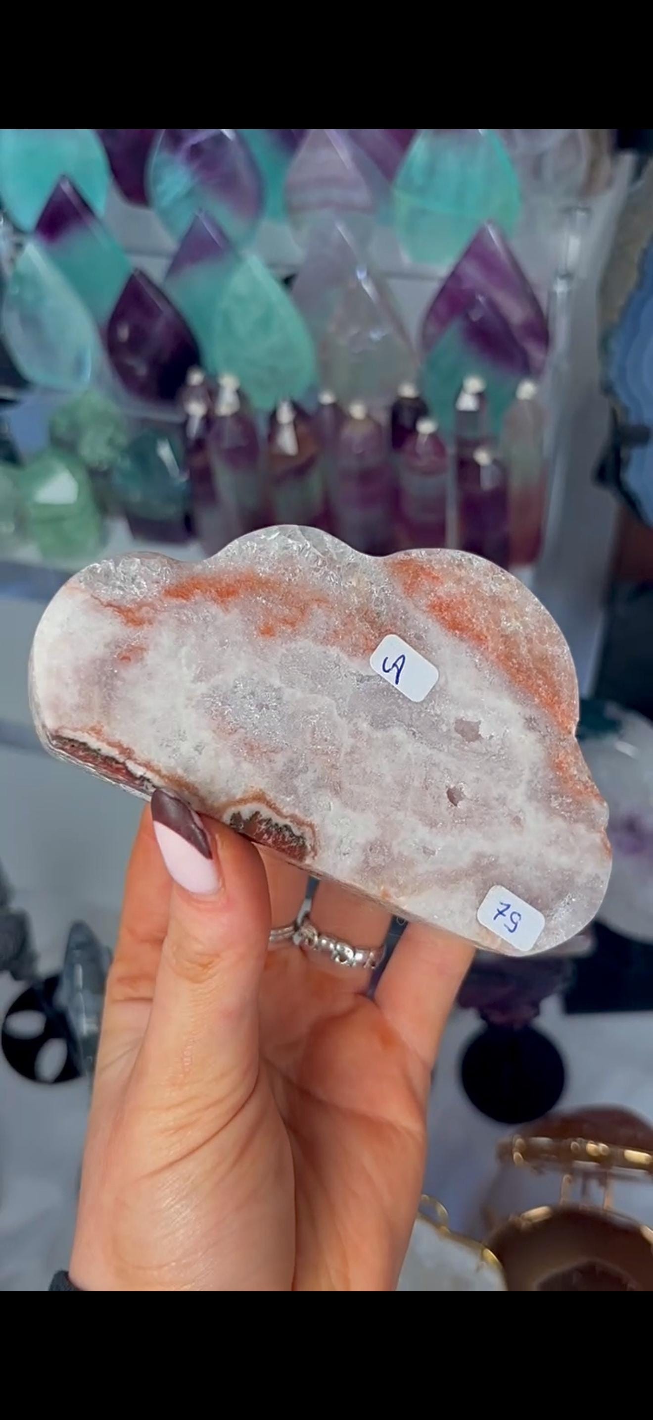 Pretty polished, chunky, pink amethyst cloud in orange & pink tones with quartz druzy