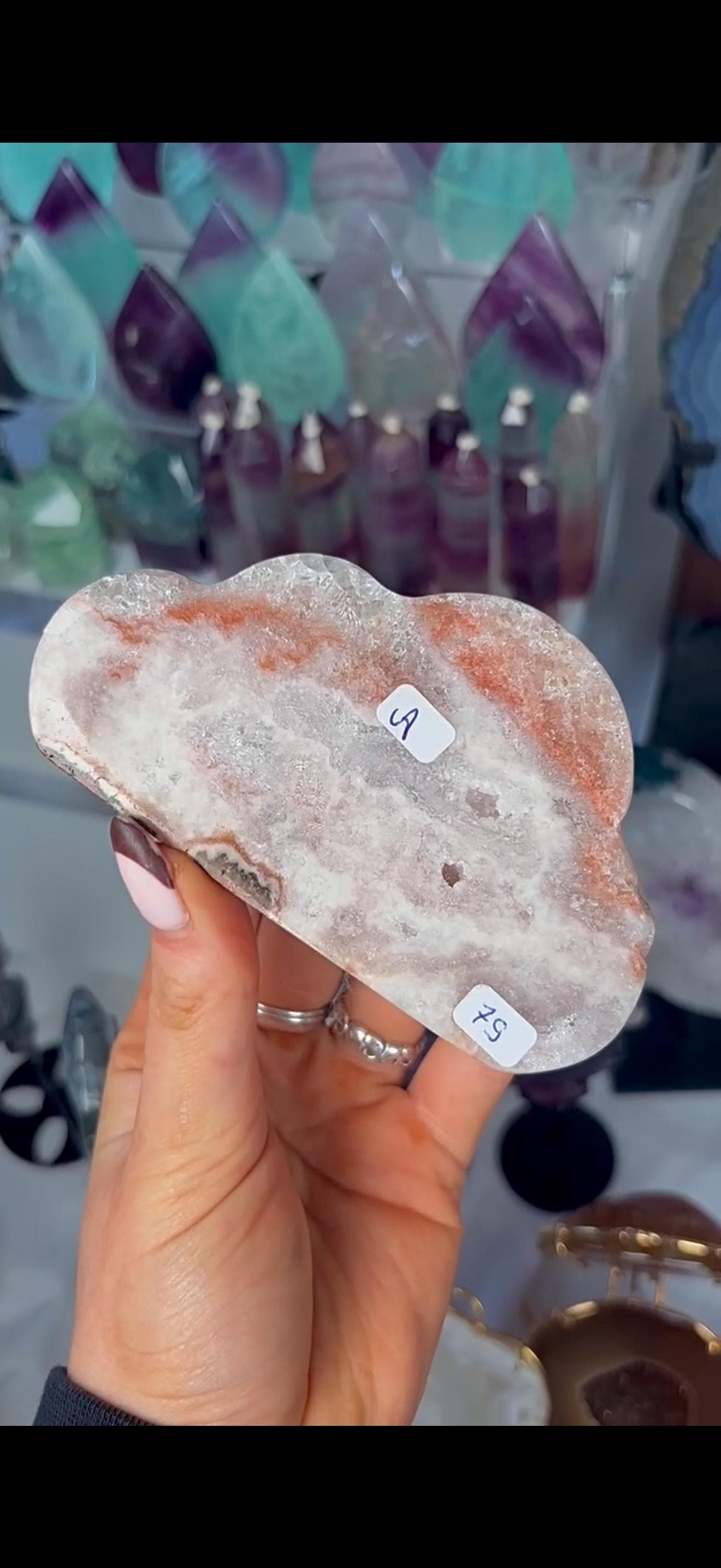 Pretty polished, chunky, pink amethyst cloud in orange & pink tones with quartz druzy