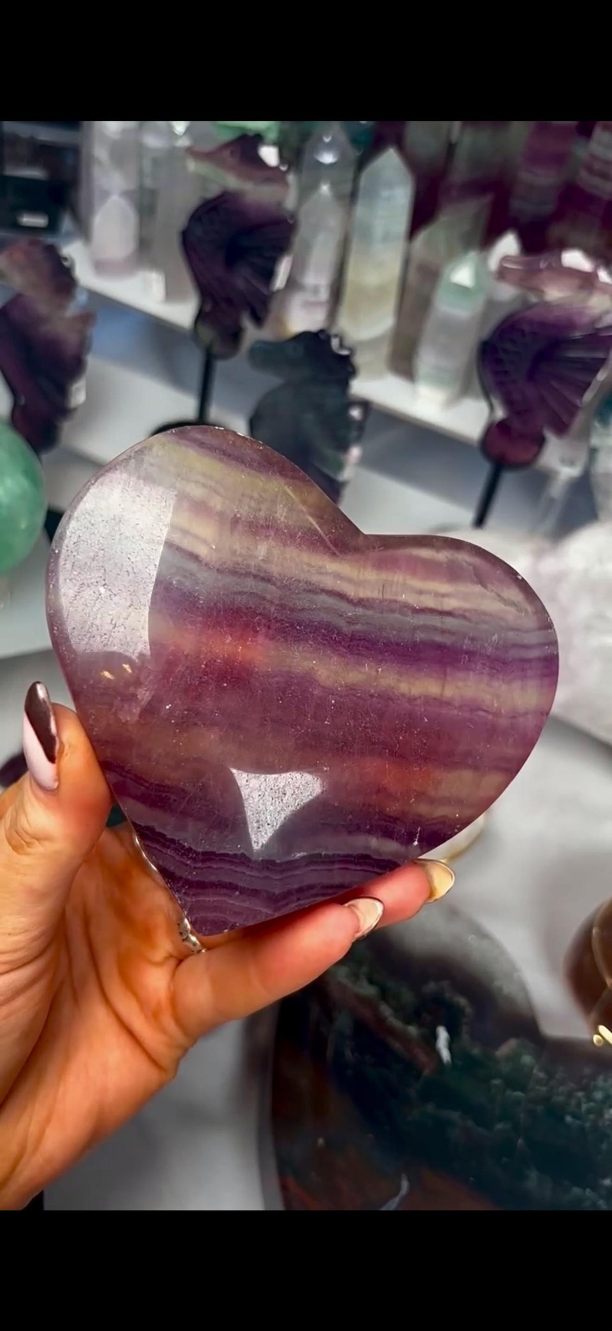High grade, candy, rainbow fluorite heart in purple & greenish tones - stand will be provided 450g
