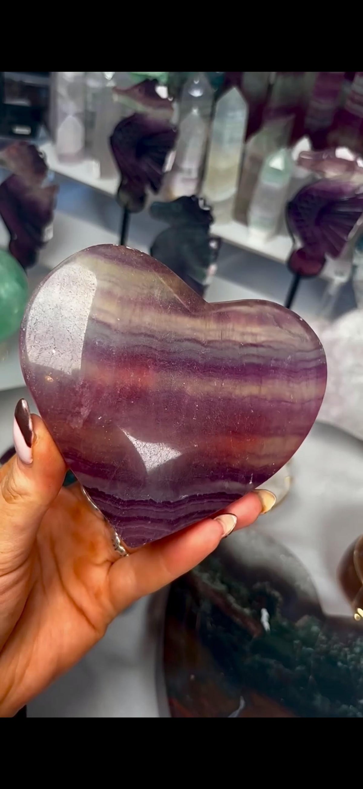 High grade, candy, rainbow fluorite heart in purple & greenish tones - stand will be provided 450g
